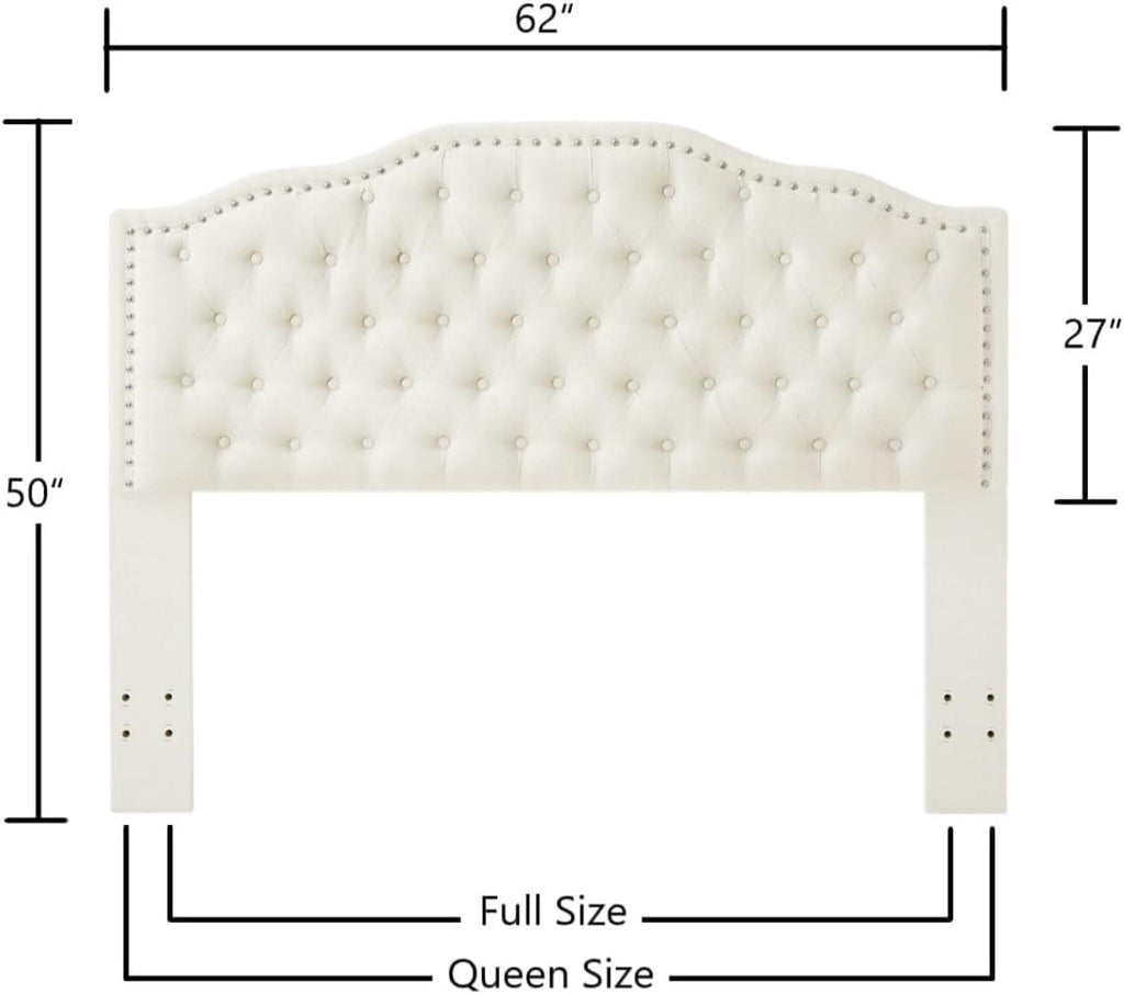 24KF Upholstered Button Tufted Queen Headboard with Nailhead Trim, Elegant Boucle Fabric Full headboard, 6031-Q-Boucle-Ivory