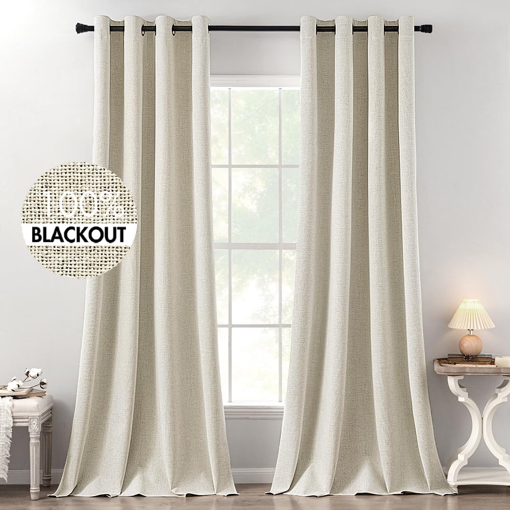 MIULEE Linen Texture Curtains for Bedroom Solid 100% Blackout Thermal Insulated Dusty Blue Curtains Grommet Room Darkening Drapes Luxury Decor for Living Room Nursery 52x84 Inch (2 Panels)