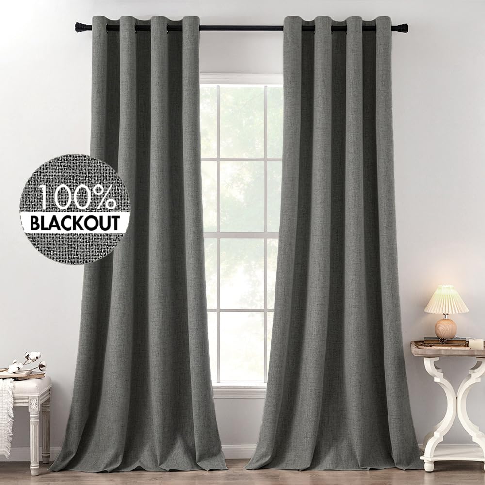 MIULEE 100% Blackout Linen Textured Curtains for Bedroom Solid Thermal Insulated Natural Beige Grommet Room Darkening Curtains & Drapes Luxury Decor for Living Room Nursery 52 x 96 Inch (2 Panels)