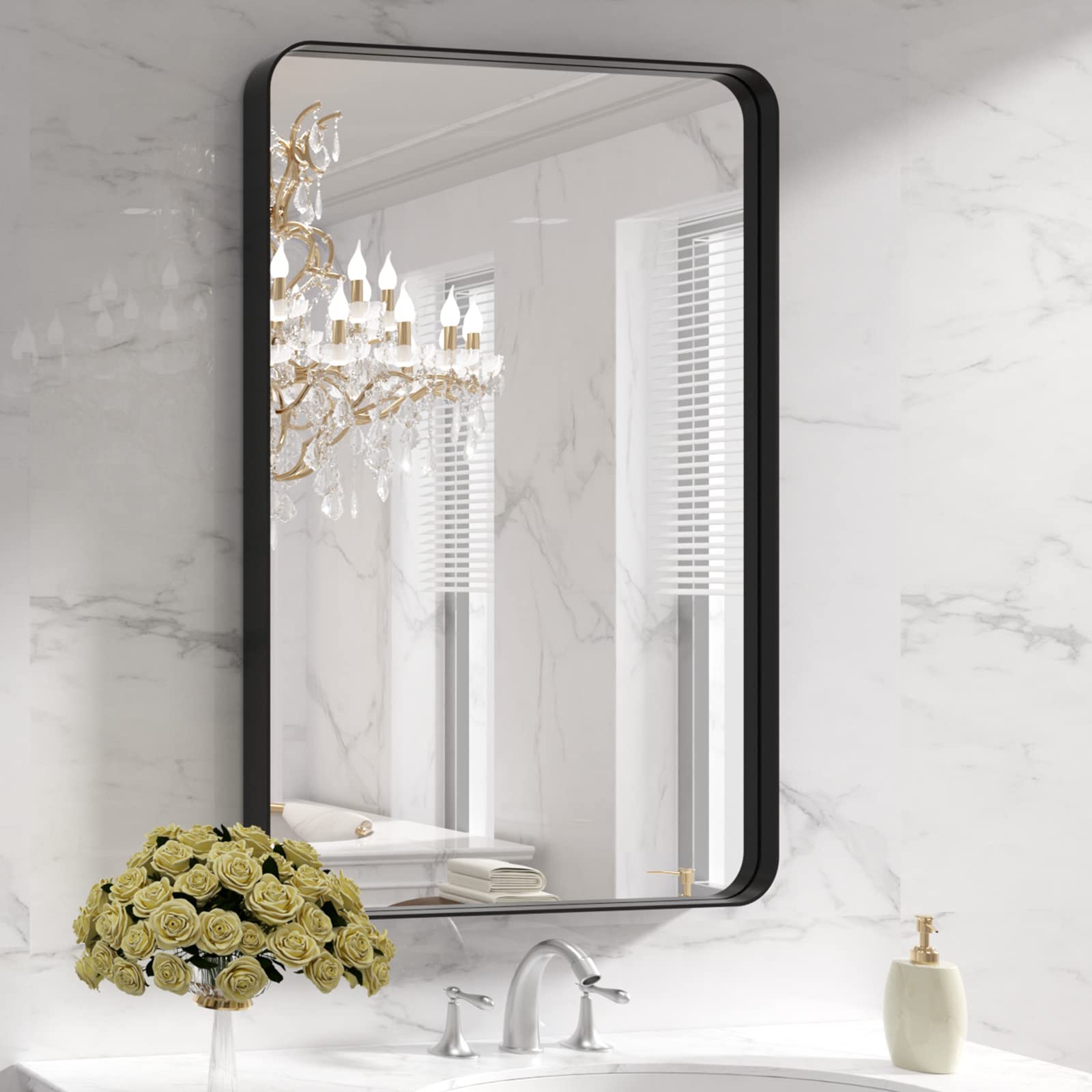 LOAAO Black Metal Framed Bathroom Mirror for Wall, 22X30 Inch Rounded Rectangle Mirror, Matte Black Bathroom Vanity Mirror Farmhouse, Anti-Rust, Hangs Horizontally or Vertically