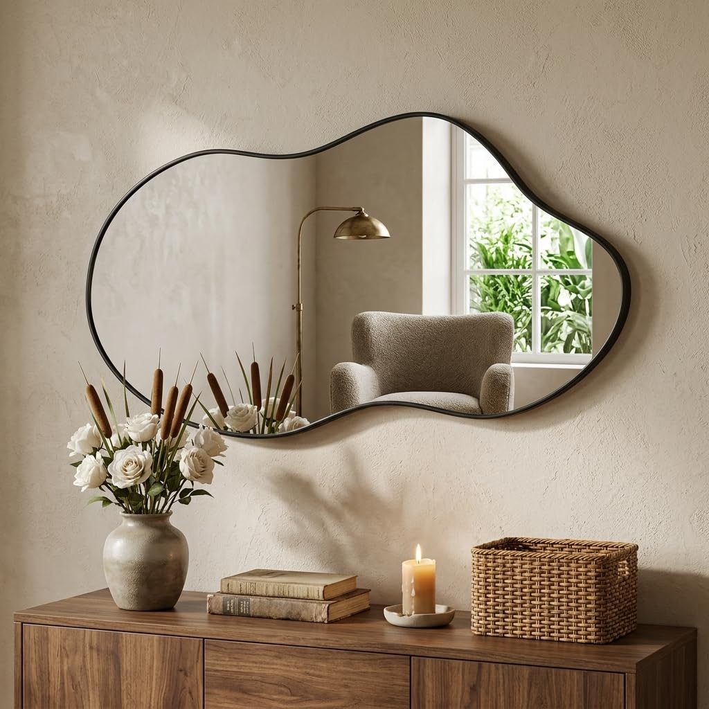 Irregular Wall Mirror 24×40 Inch Wall Mirrors Decorative Black Modern Asymmetrical Abstract Mirror for Bathroom Bedroom Living Room Entryway Hallway