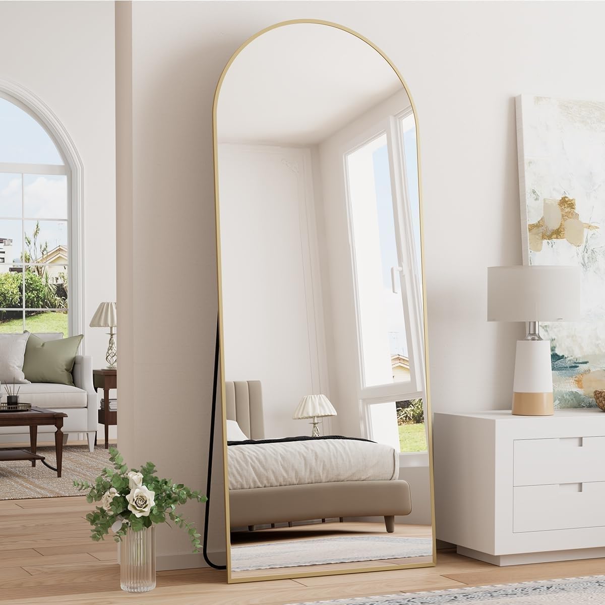 Prywot Arched Full Length Mirror, 70"x26" Free Standing Floor Mirror, Modern Full Body Mirrors with Stand, Wall Mirrors with Aluminum Alloy Frame for Bedroom,Living Room, Gold