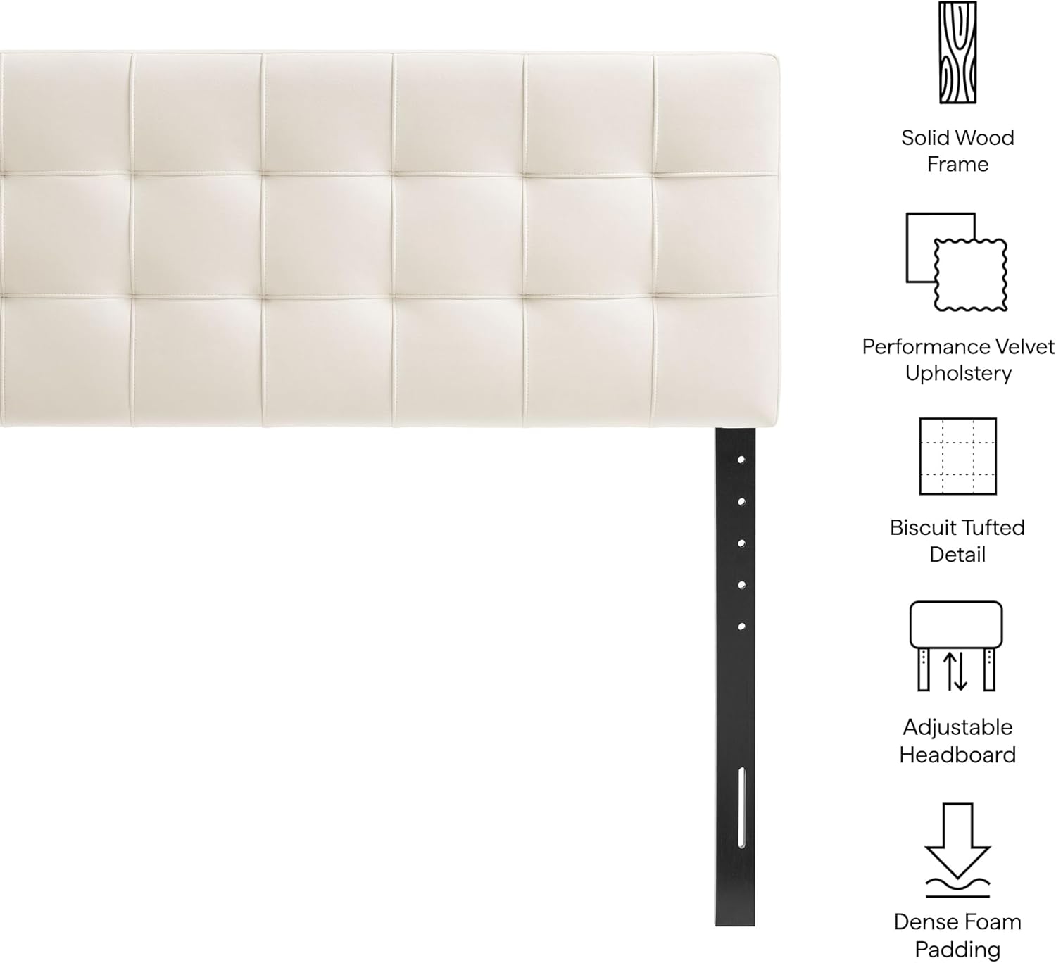Modway Lily Performance Velvet Full Size Headboard with Biscuit Tufting in Alabaster - Stain-Resistant Upholstery with Padded Design and 5 Height-Adjustable Mounts