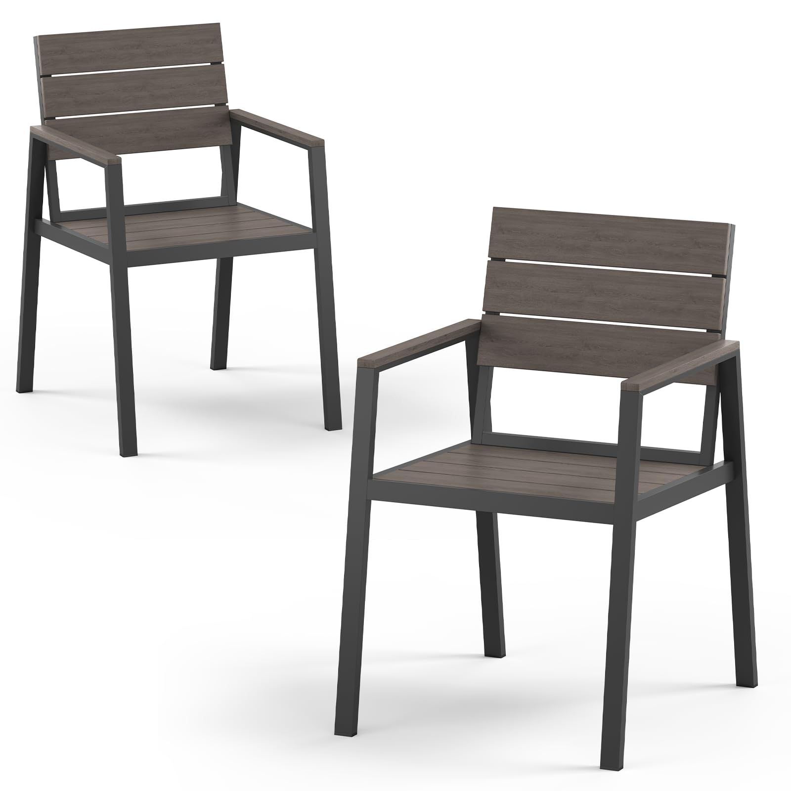 Outdoor Dining Set, Patio Table and Chairs Set with Umbrella Hole, 7 Pieces HDPS + Aluminum Patio Dining Furniture Set for Backyard, Garden (Gray & Teak)