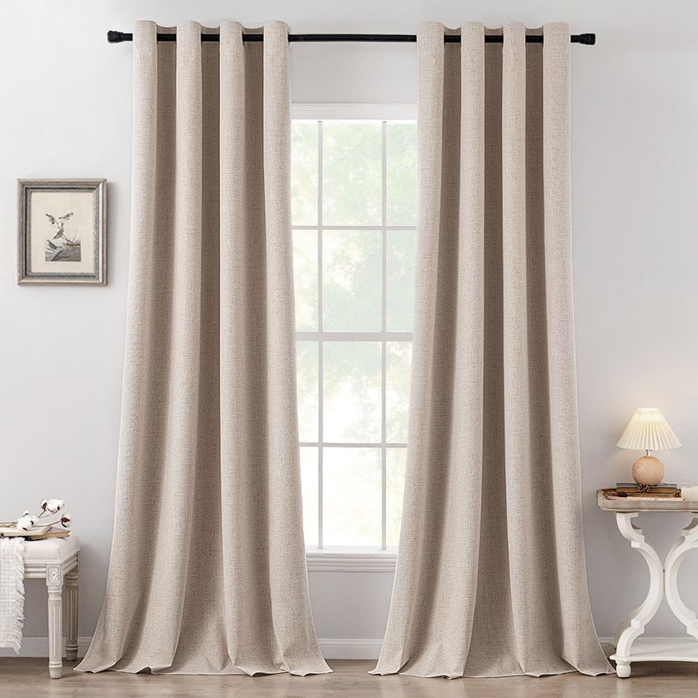 MIULEE 100% Blackout Linen Textured Curtains for Bedroom Solid Thermal Insulated Natural Beige Grommet Room Darkening Curtains & Drapes Luxury Decor for Living Room Nursery 52 x 96 Inch (2 Panels)