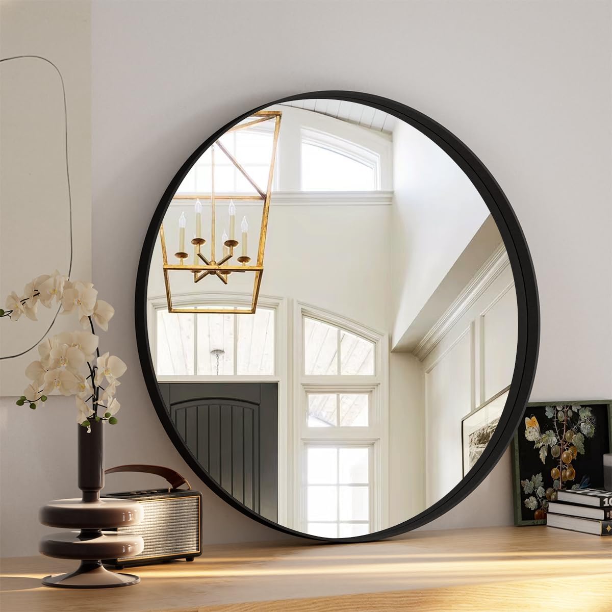 VooBang Bathroom Mirror 24x32 inch, Black Gorgeous Deep Frame Wall Mirror, Modern Round Corner Bathroom Vanity Mirror for Bedroom, Living Room, Hanging or Leaning Horizontal or Vertical, Black