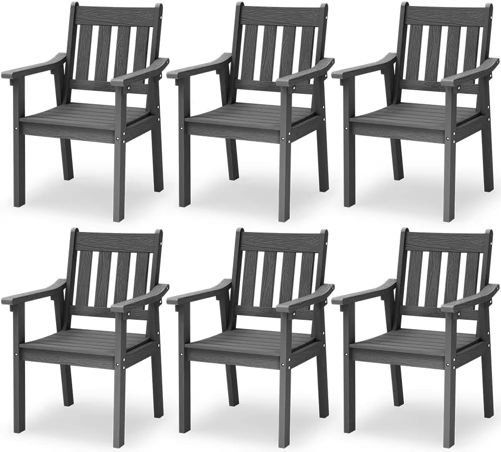 YEFU HIPS Patio Table Set: 7 Piece Outdoor Table and Chairs Dining Furniture Set with Umbrella Hole - Teak Modern Plastic Dining Sets 6 Person for Outside Deck with Metal Aluminum Frame