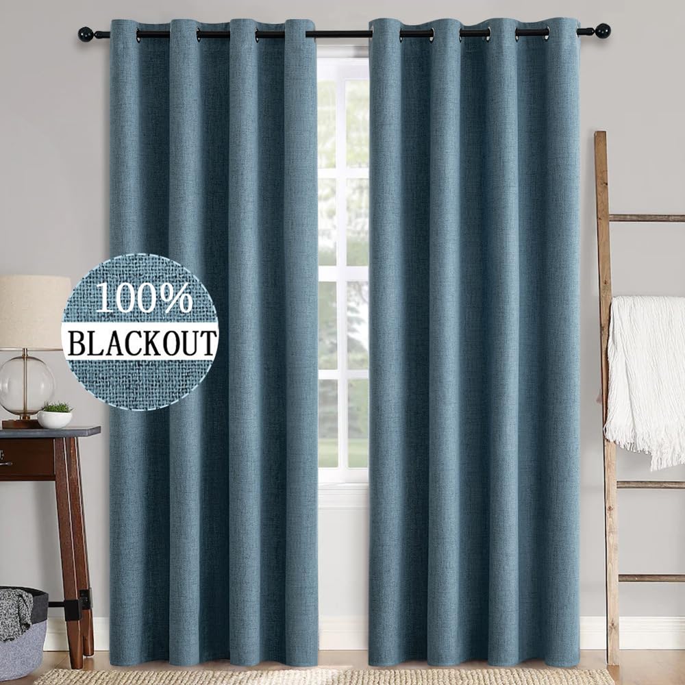 MIULEE 100% Blackout Linen Textured Curtains for Bedroom Solid Thermal Insulated Natural Beige Grommet Room Darkening Curtains & Drapes Luxury Decor for Living Room Nursery 52 x 96 Inch (2 Panels)