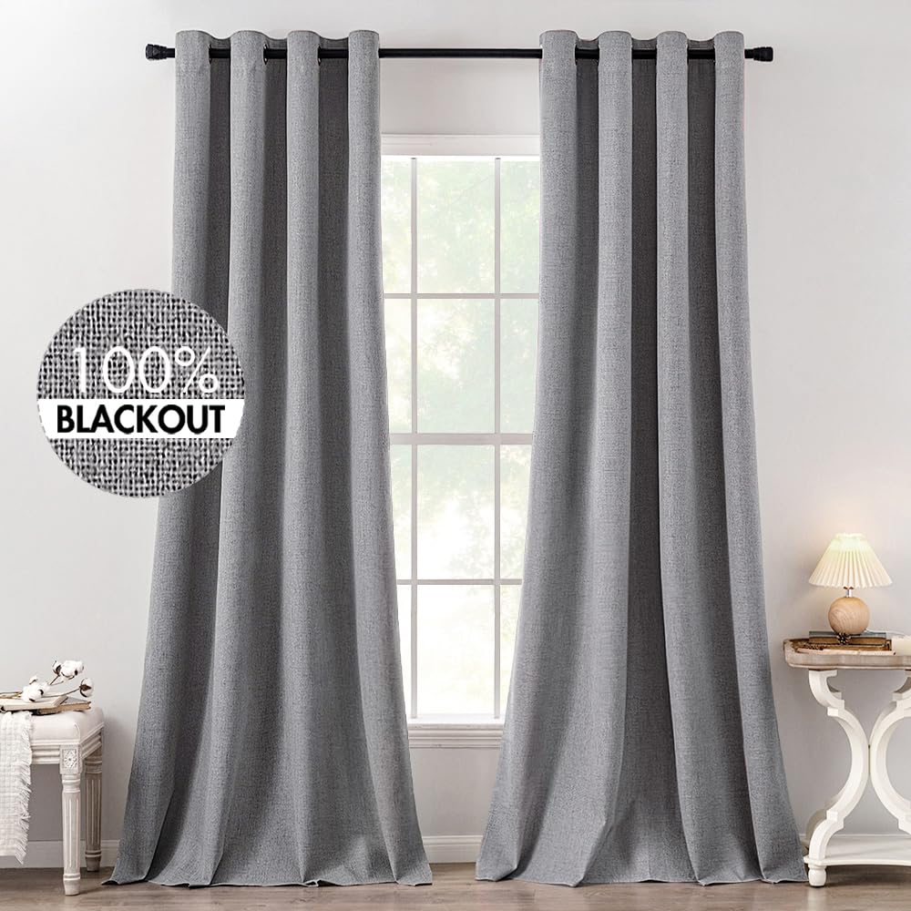 MIULEE Linen Texture Curtains for Bedroom Solid 100% Blackout Thermal Insulated Dusty Blue Curtains Grommet Room Darkening Drapes Luxury Decor for Living Room Nursery 52x84 Inch (2 Panels)