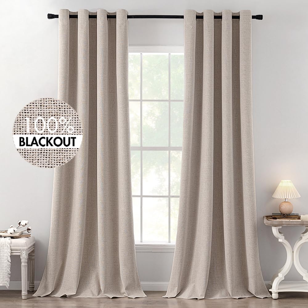 MIULEE 100% Blackout Linen Textured Curtains for Bedroom Solid Thermal Insulated Natural Beige Grommet Room Darkening Curtains & Drapes Luxury Decor for Living Room Nursery 52 x 96 Inch (2 Panels)