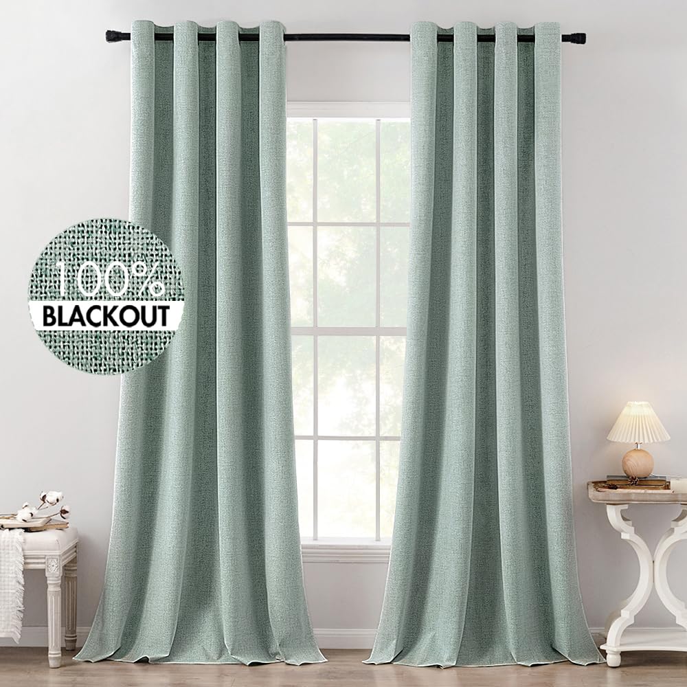 MIULEE Linen Texture Curtains for Bedroom Solid 100% Blackout Thermal Insulated Dusty Blue Curtains Grommet Room Darkening Drapes Luxury Decor for Living Room Nursery 52x84 Inch (2 Panels)