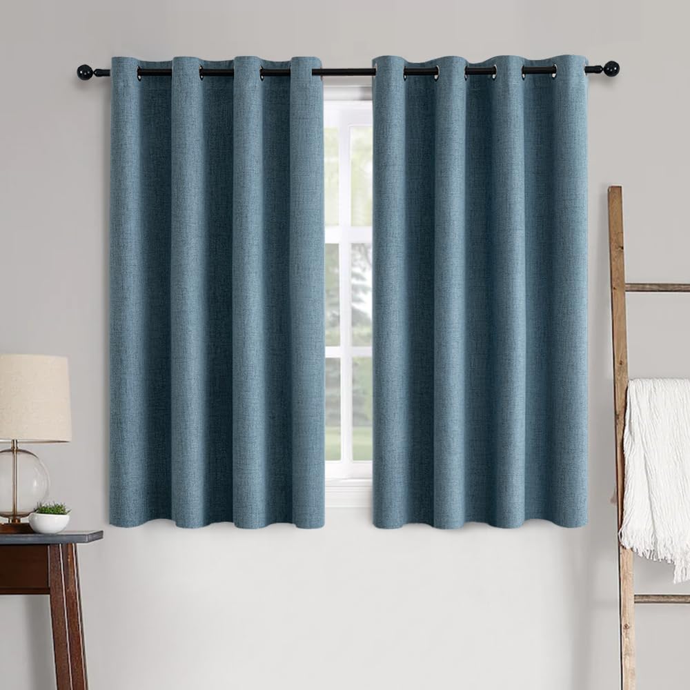 MIULEE Linen Texture Curtains for Bedroom Solid 100% Blackout Thermal Insulated Dusty Blue Curtains Grommet Room Darkening Drapes Luxury Decor for Living Room Nursery 52x84 Inch (2 Panels)