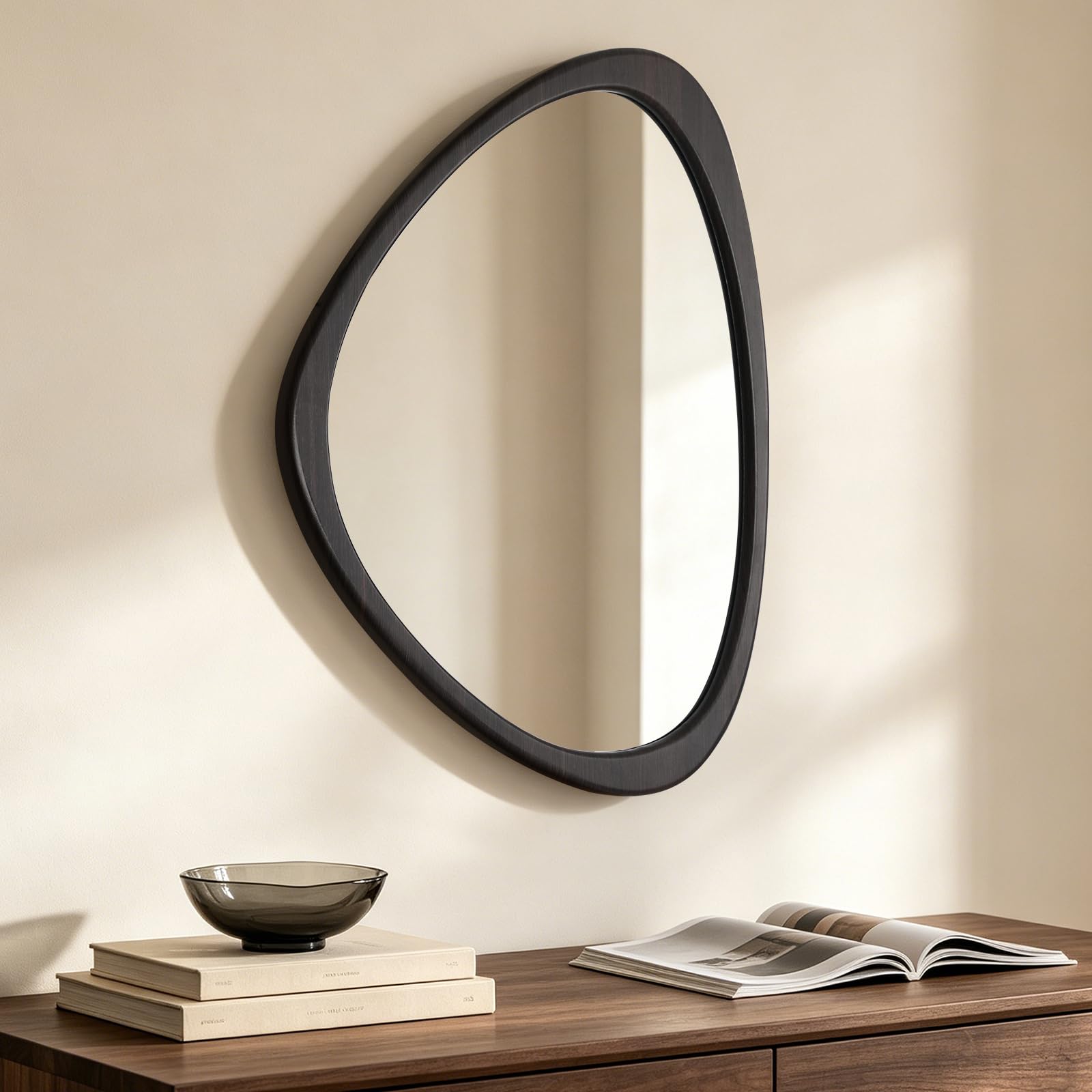 HOMECOOKIN 23.5" H x 19" W Asymmetrical Mirror, Irregular Wooden Wall Mirror for Bedroom, Living Room,Entryway– Mid-Century Modern Decorative Mirror, Solid Wood Frame, Pebble Shaped Design (Walnut)