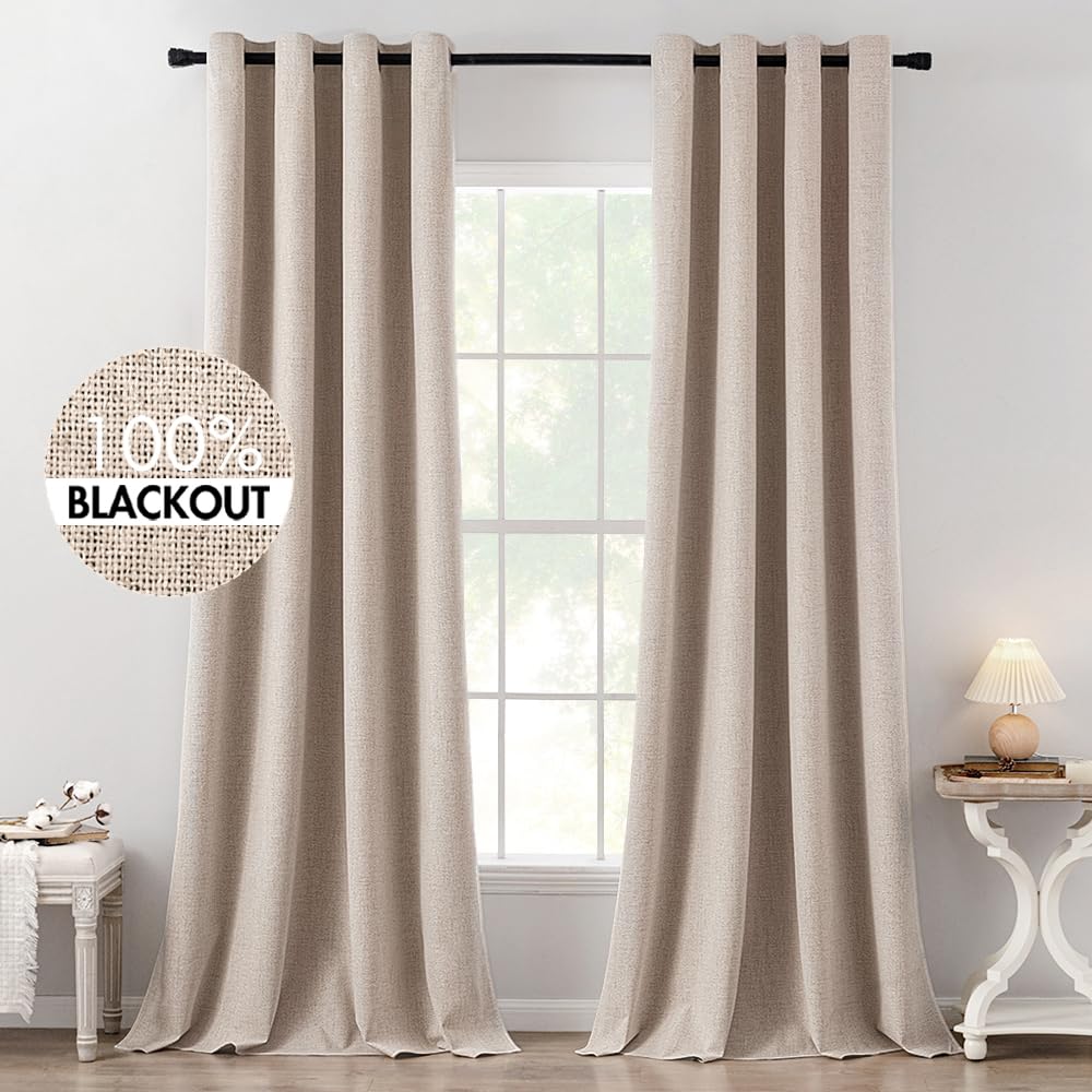 MIULEE Linen Texture Curtains for Bedroom Solid 100% Blackout Thermal Insulated Dusty Blue Curtains Grommet Room Darkening Drapes Luxury Decor for Living Room Nursery 52x84 Inch (2 Panels)