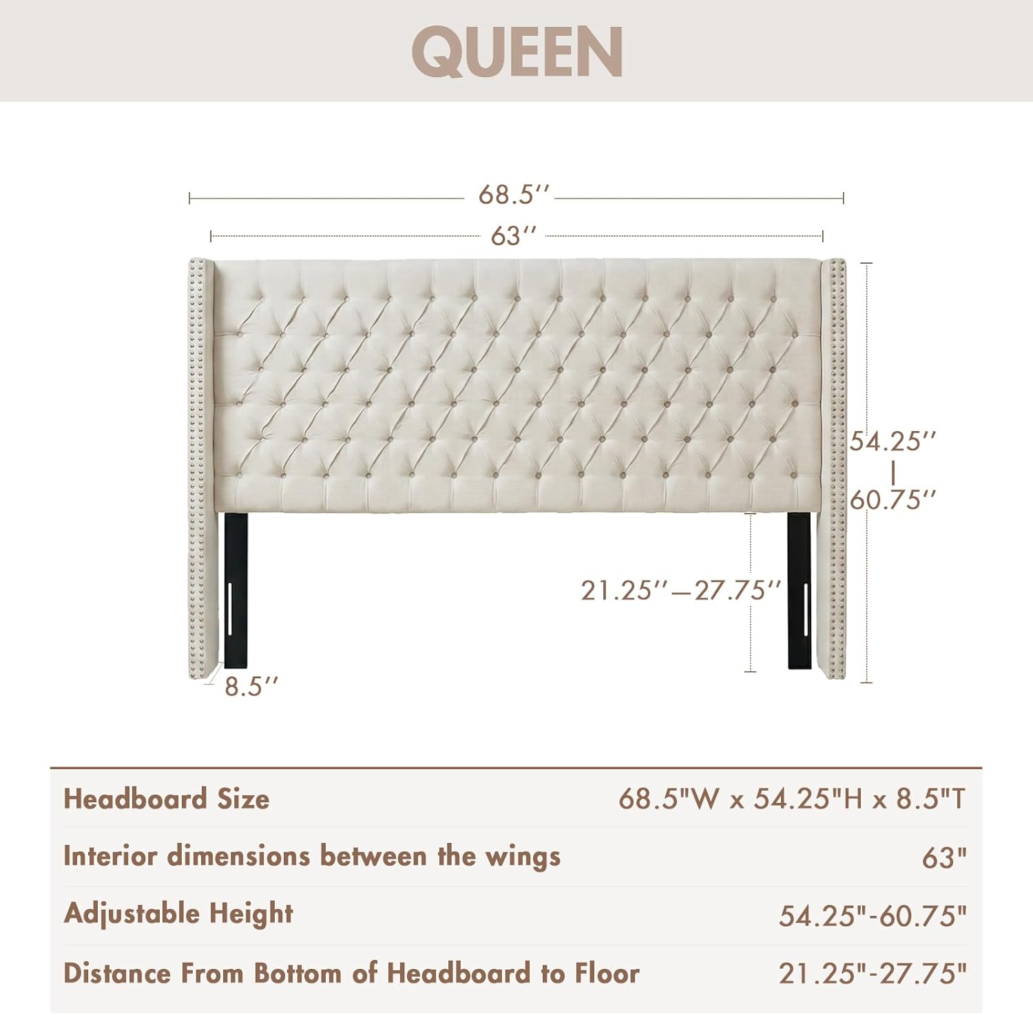 Madison Park Amelia Upholstered Headboard | Nail Head Trim Wingback Button Tufted | Queen, Cream