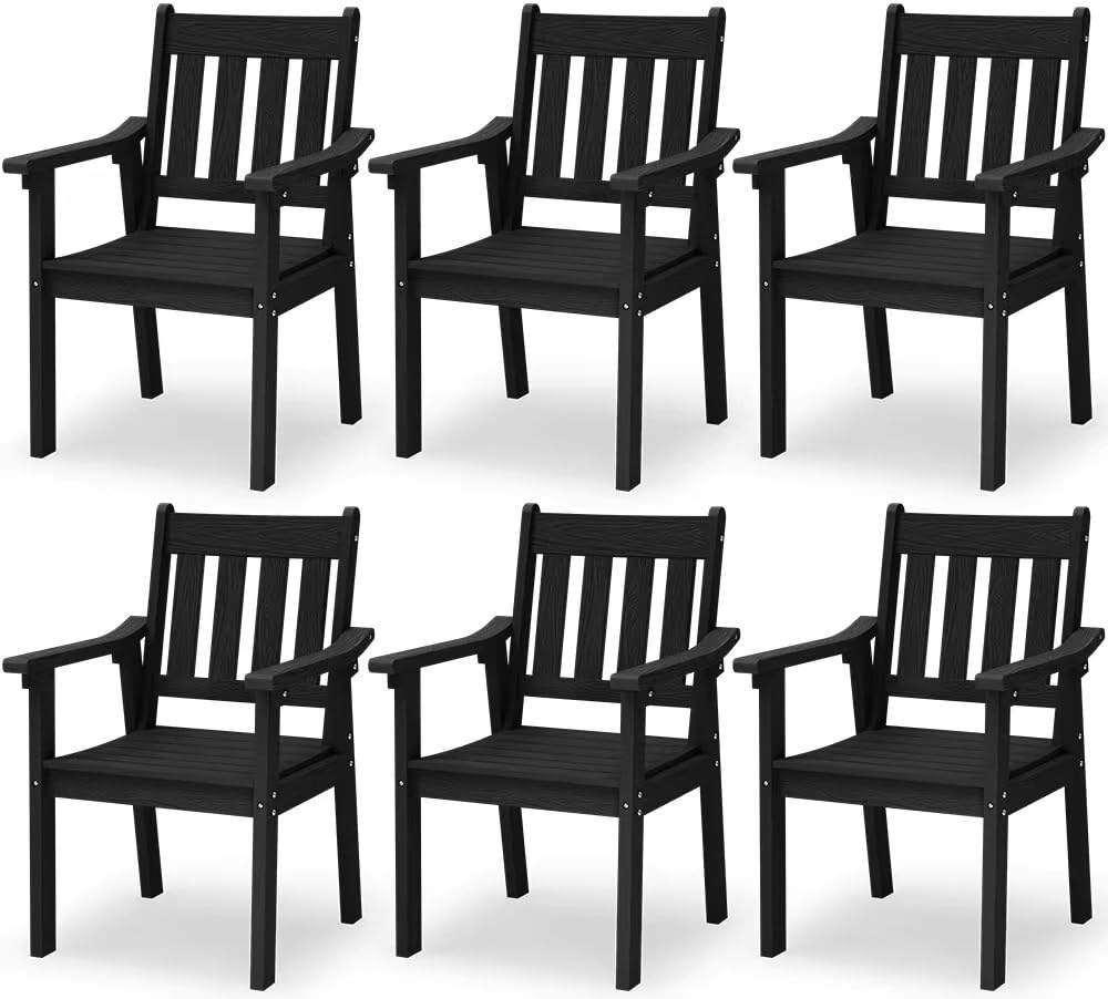 YEFU HIPS Patio Table Set: 7 Piece Outdoor Table and Chairs Dining Furniture Set with Umbrella Hole - Teak Modern Plastic Dining Sets 6 Person for Outside Deck with Metal Aluminum Frame