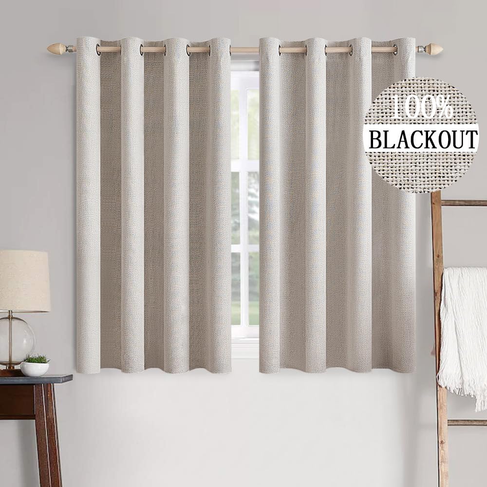 MIULEE 100% Blackout Linen Textured Curtains for Bedroom Solid Thermal Insulated Natural Beige Grommet Room Darkening Curtains & Drapes Luxury Decor for Living Room Nursery 52 x 96 Inch (2 Panels)