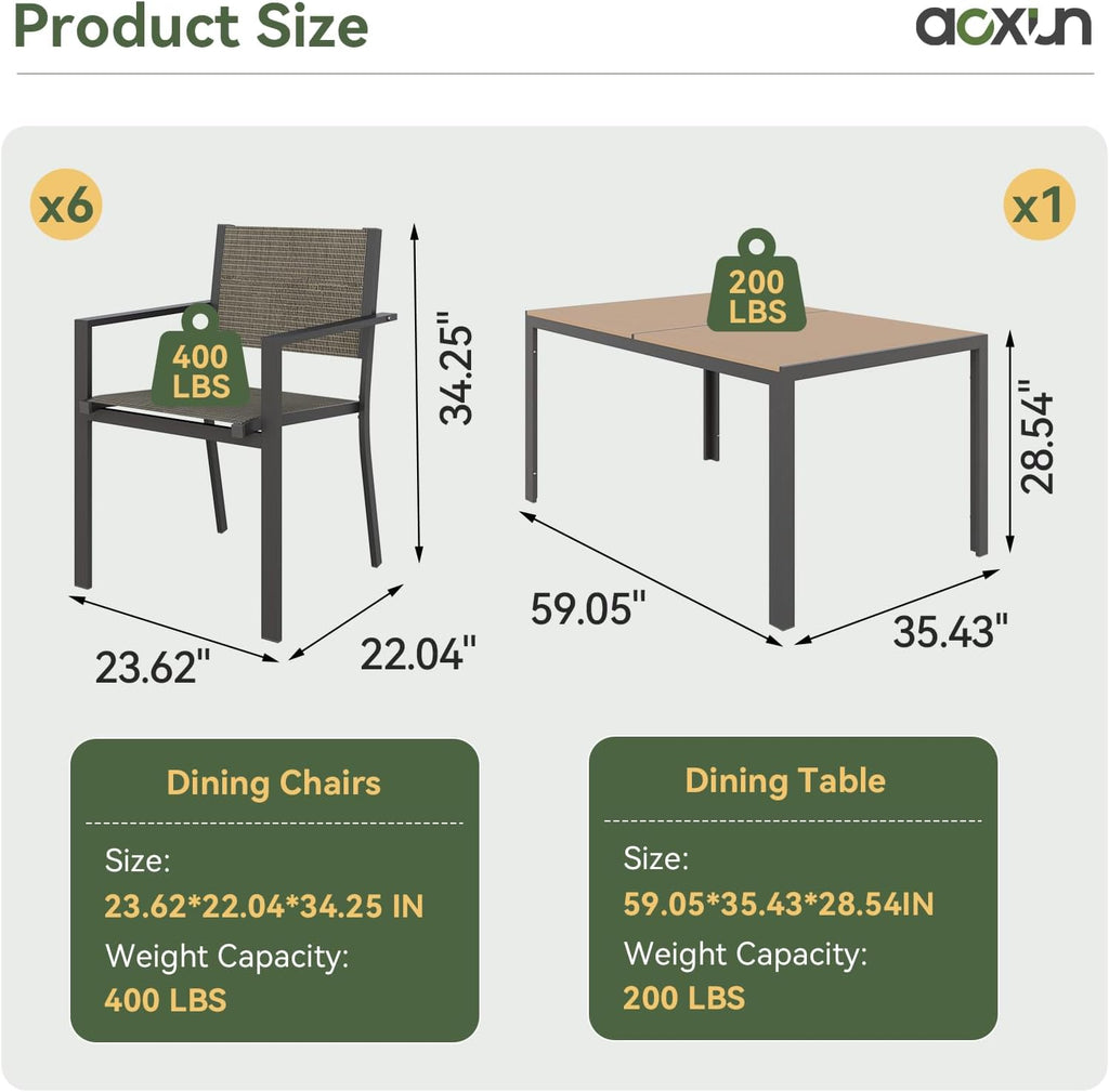 Aoxun 7-Piece Patio Table and Chairs Set for 6, All Weather Outdoor Dining Set with 6 Textilene Chairs and 1 Rectangular Metal Table, Patio Dining Sets for Backyard, Garden and Poolside, Brown