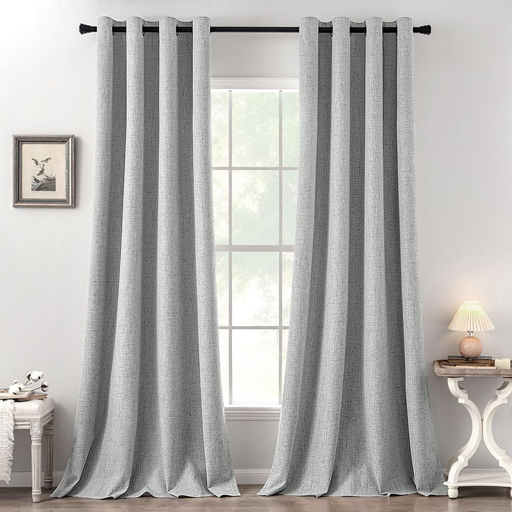 MIULEE Linen Texture Curtains for Bedroom Solid 100% Blackout Thermal Insulated Dusty Blue Curtains Grommet Room Darkening Drapes Luxury Decor for Living Room Nursery 52x84 Inch (2 Panels)