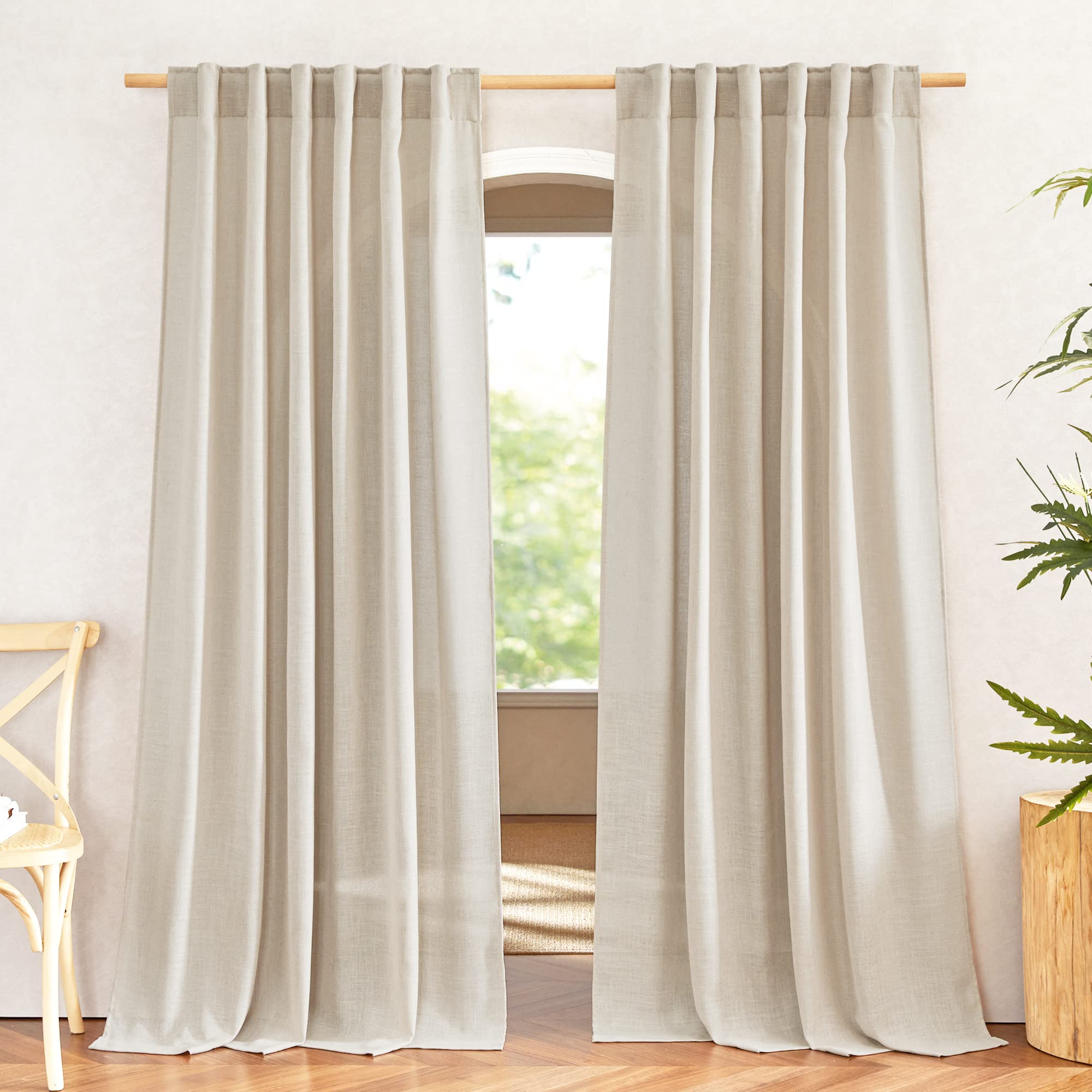 NICETOWN 120 inch Curtains Linen Blend for Bedroom, Rod Pocket & Back Tab Natural Linen Burlap Semi Sheer Window Treatments Privacy with Light Filtering for Living Room, W52 x L120, 2 Panels