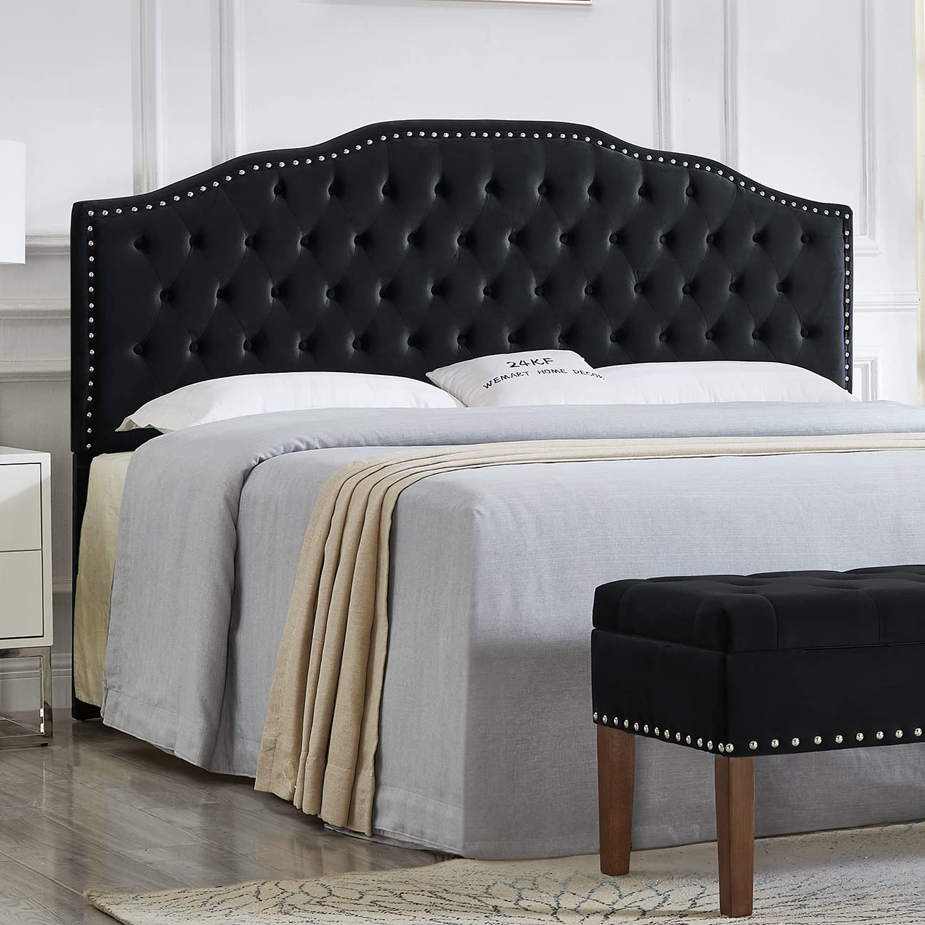 24KF Upholstered Button Tufted Queen Headboard with Nailhead Trim, Elegant Boucle Fabric Full headboard, 6031-Q-Boucle-Ivory