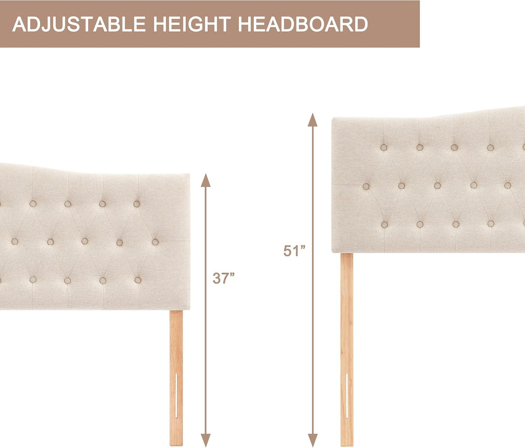 Huatean Home Tufted Upholstered Headboard Queen Size, Sturdy and Durable Solid Wood Bed headboard, Fabric Headboard Adjustable Height from 37” to 51”, Modern Button Diamond Design Head Board, Beige