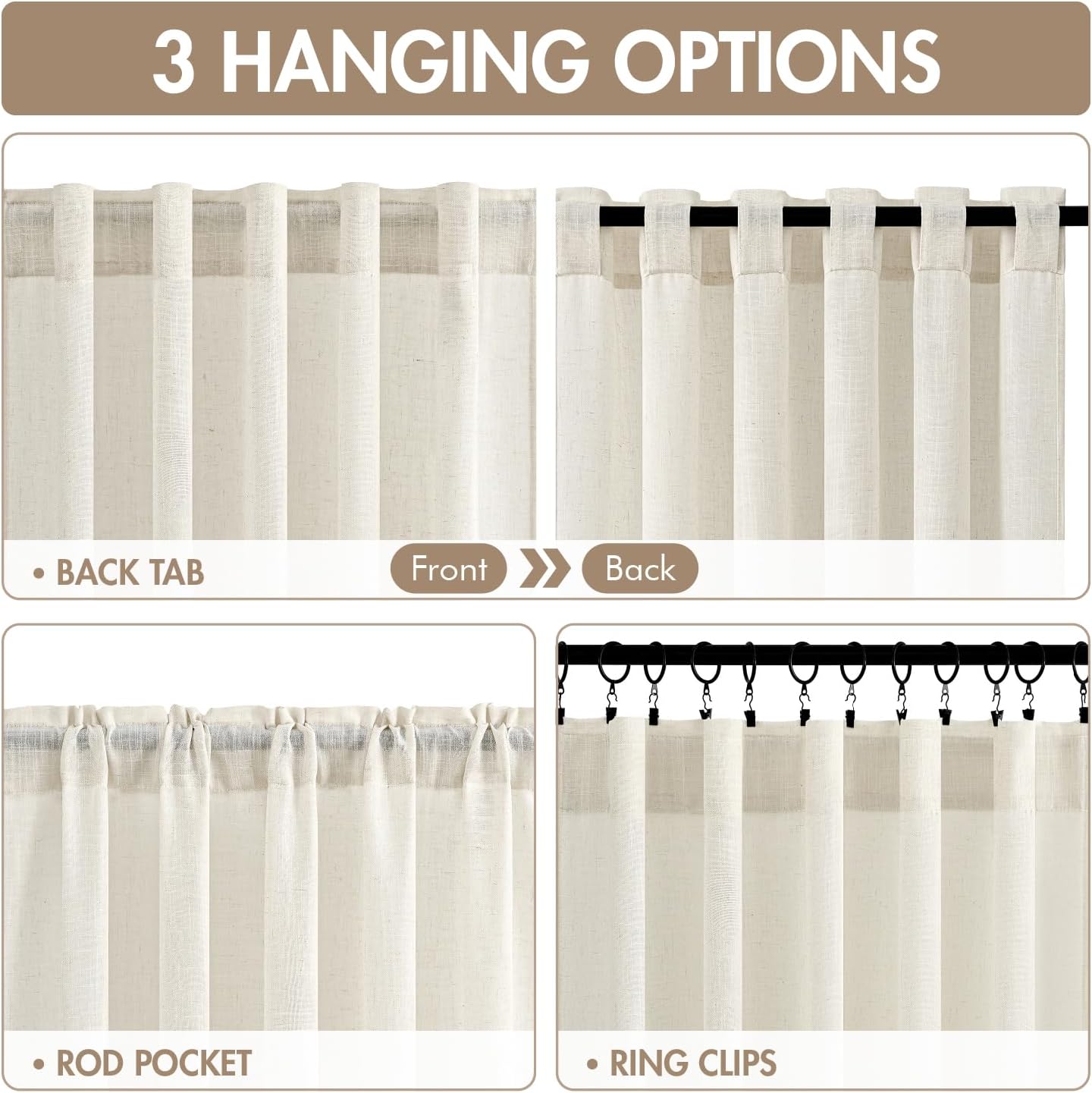 MIULEE Natural Linen Curtains 96 Inch Long 4 Panels Light Filtering Window Drapes with Rod Pocket Back Tab for Living Room Bedroom Farmhouse Decor 42" W x 96" L Inches