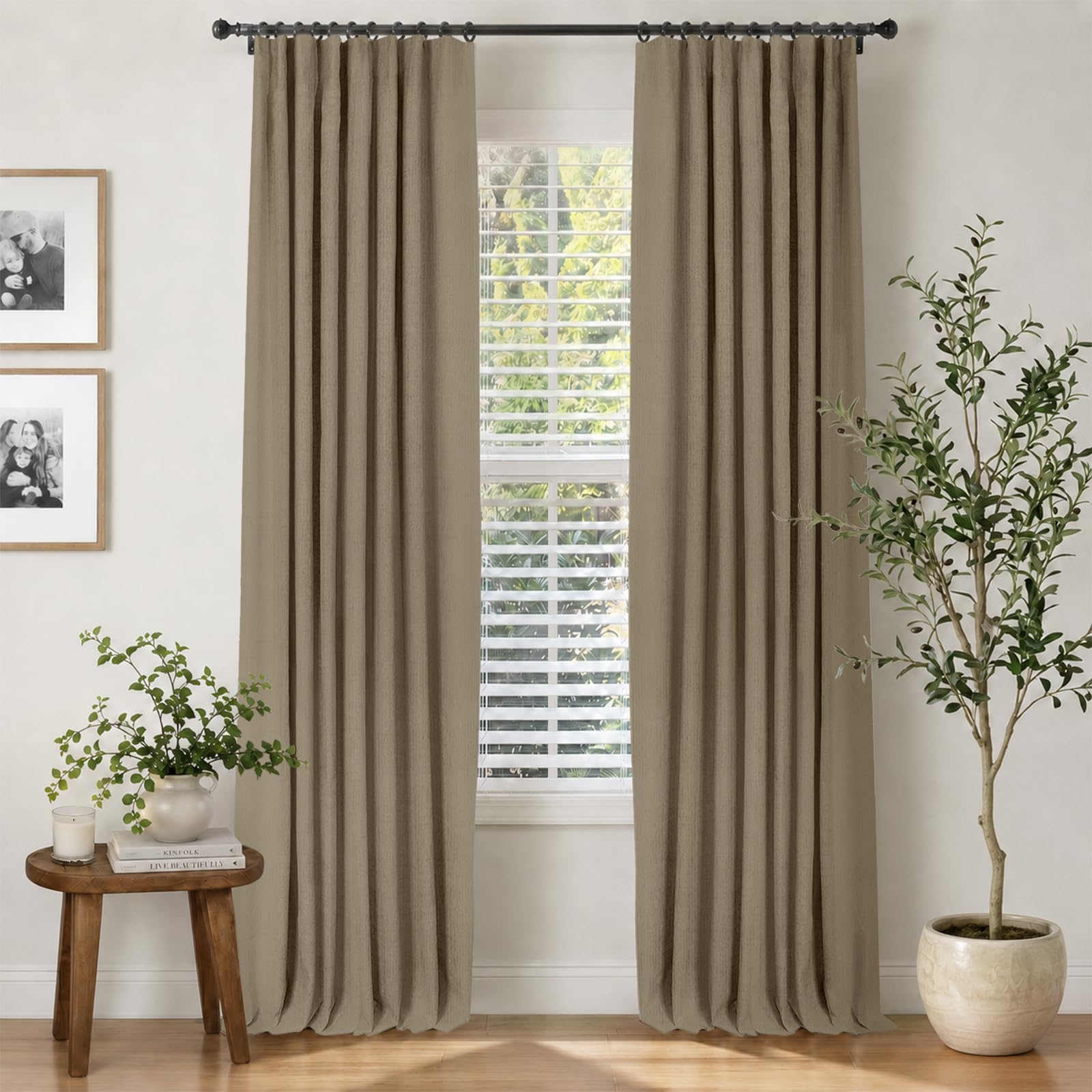 INOVADAY 100% Blackout Curtains for Bedroom, Black Out Curtains 84 Inch Long, Clip Rings Linen Blackout Drapes, Thermal Insulated Room Darkening for Living Room, 2 Panels - Beige,W50xL84