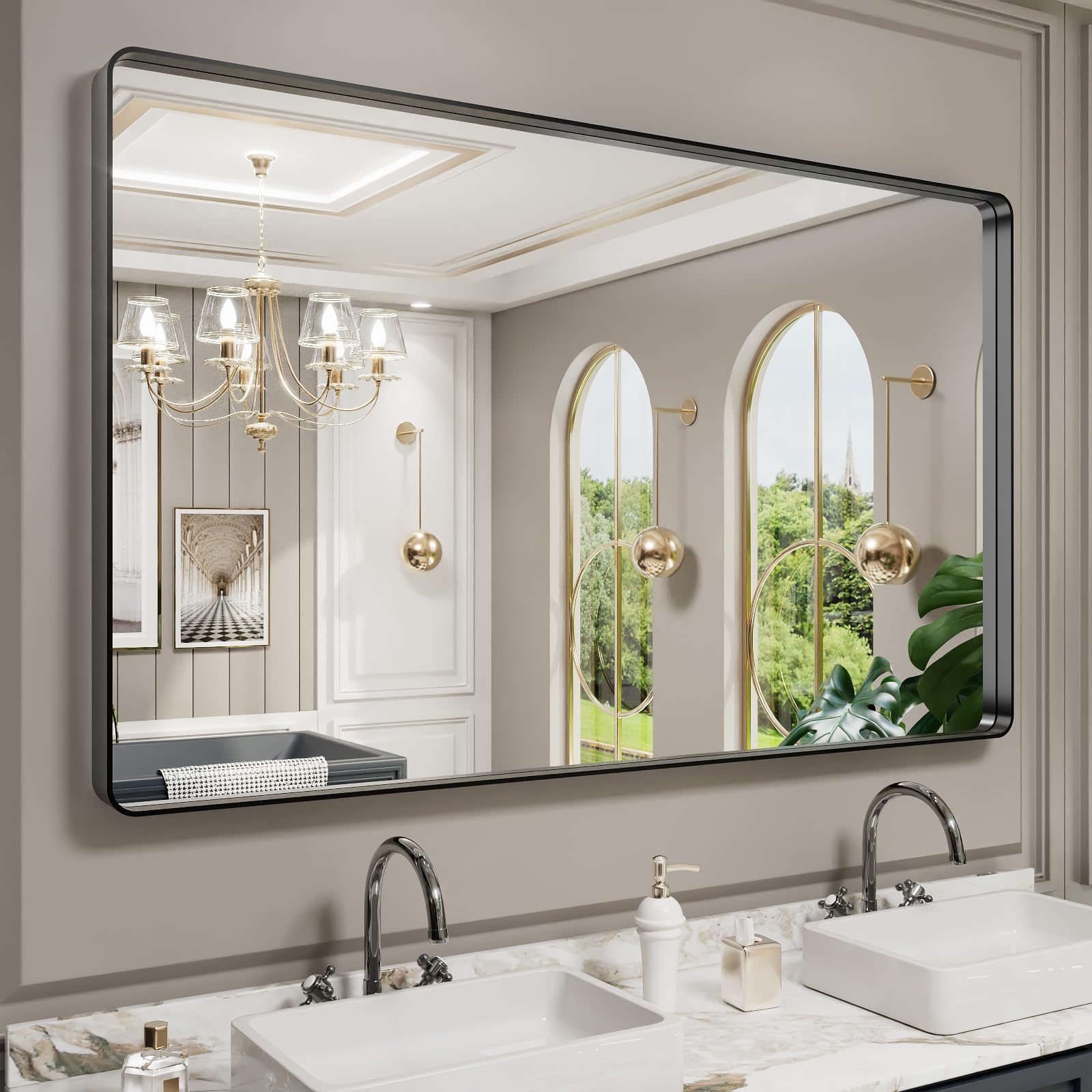 LOAAO Black Metal Framed Bathroom Mirror for Wall, 22X30 Inch Rounded Rectangle Mirror, Matte Black Bathroom Vanity Mirror Farmhouse, Anti-Rust, Hangs Horizontally or Vertically