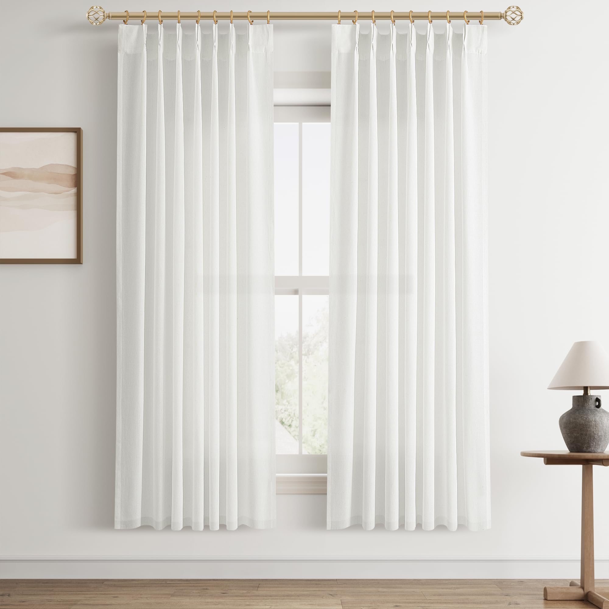 Extra Long Linen Curtains 108 Inch for Living Room Cream Pinch Pleated 9 FT Drapes Semi Sheer Ceiling to Floor Curtain for Bedroom Back Tab Flax Neutral Boho Decor Window, Natural Beige Ivory 2 Panels