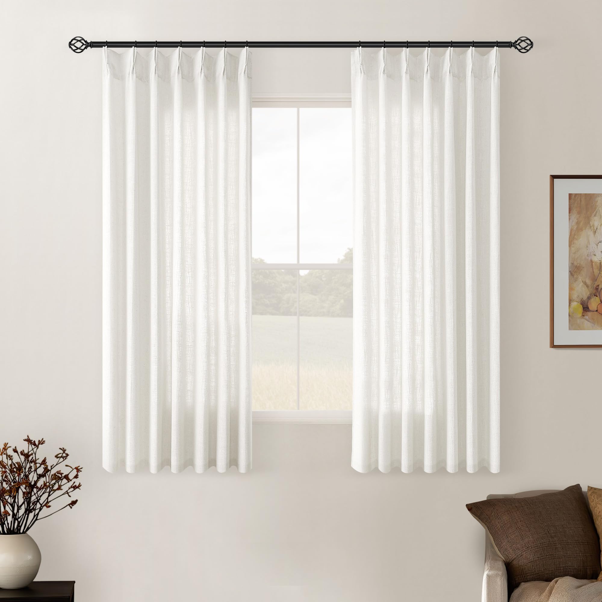 Pinch Pleated Linen Curtains 108 Inches Long for Living Room 2 Panels Set Cream Ivory Flax Double Pleated Drapes Back Tab Neutral Boho Ceiling Floor 108 Inch Window Curtains Bedroom Natural Birch