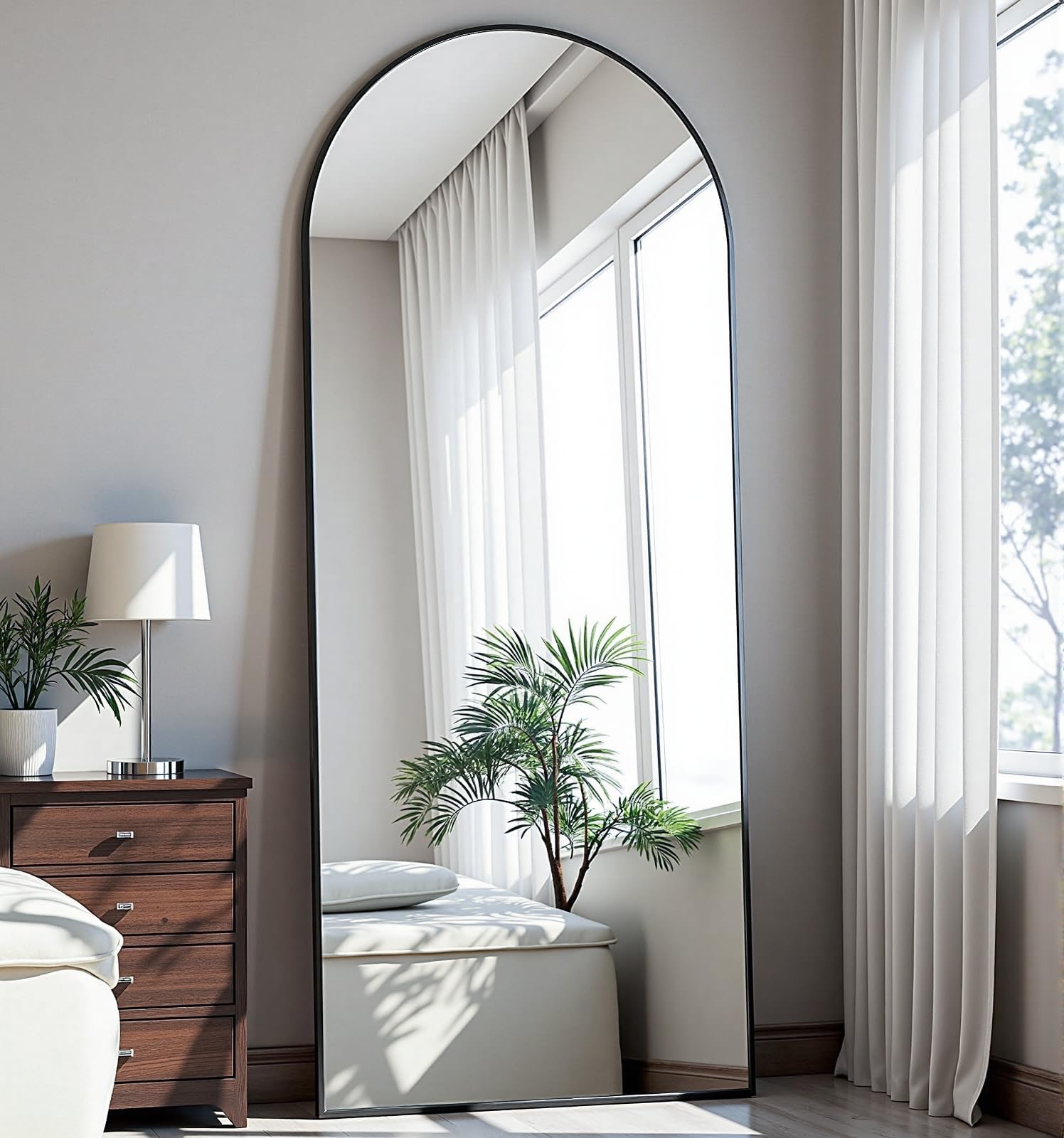 Dewfig Arched Full Length Mirror, 76"x34" Large Floor Mirror, Full Body Mirrors for Leaning or Hanging, Standing Mirrors for Bedroom, Living Room,Dressing Room, Aluminum Alloy Frame, Black