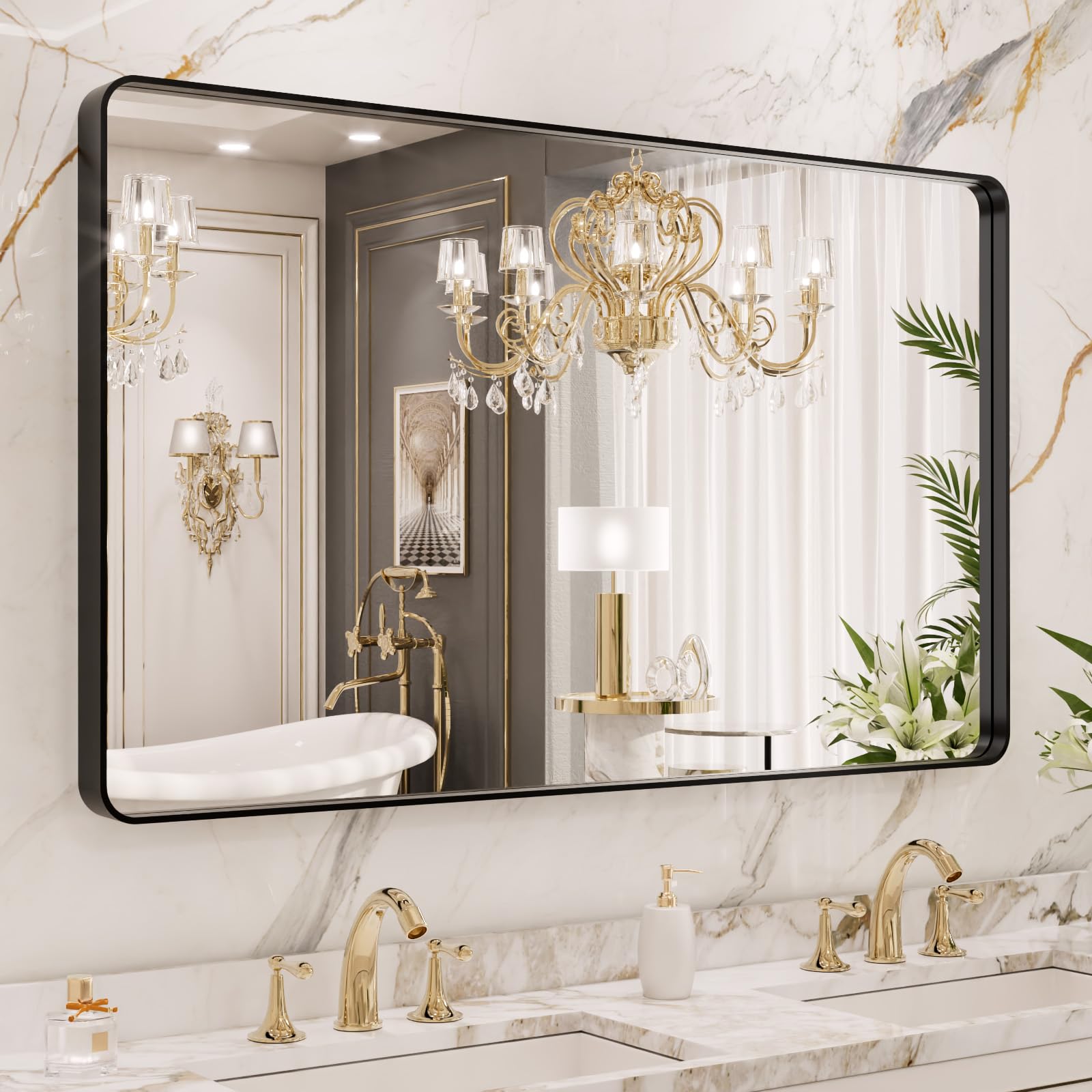 LOAAO Black Metal Framed Bathroom Mirror for Wall, 22X30 Inch Rounded Rectangle Mirror, Matte Black Bathroom Vanity Mirror Farmhouse, Anti-Rust, Hangs Horizontally or Vertically
