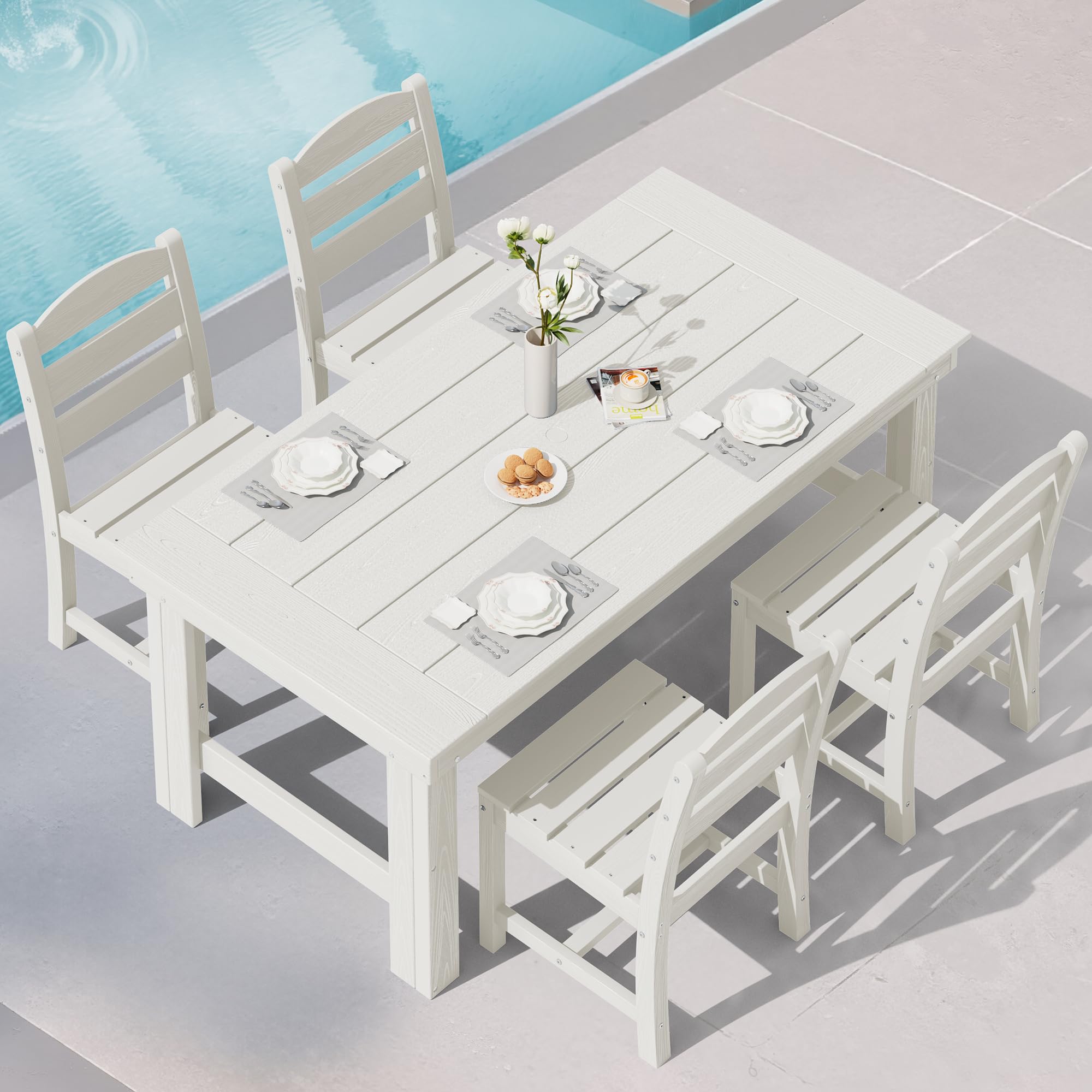 SERWALL Outdoor Dining Set for 4, HDPE Square Table and Chairs Set All Weather Patio Dining Set with 4 Classic Dining Chairs, 5-Piece Patio Dining Furniture for Deck, Brown