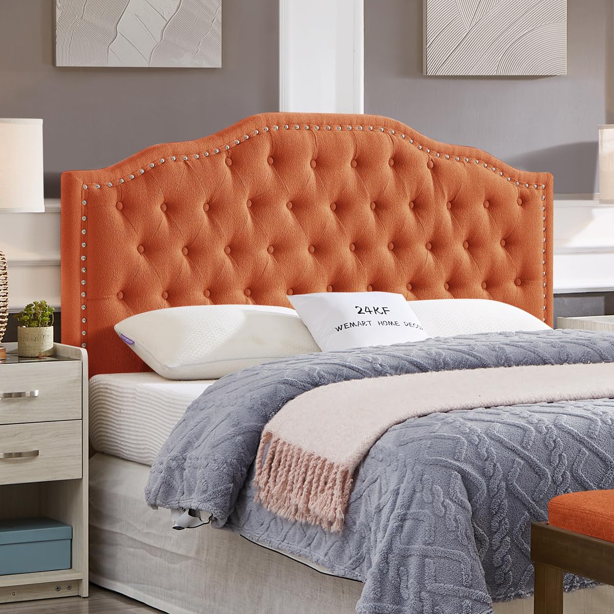 24KF Upholstered Button Tufted Queen Headboard with Nailhead Trim, Elegant Boucle Fabric Full headboard, 6031-Q-Boucle-Ivory