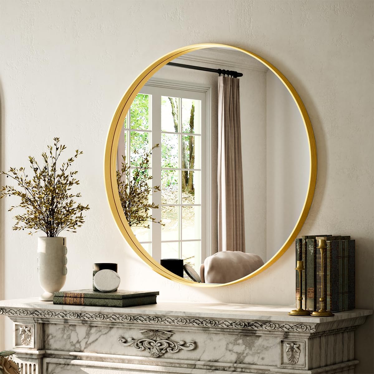VooBang Bathroom Mirror 24x32 inch, Black Gorgeous Deep Frame Wall Mirror, Modern Round Corner Bathroom Vanity Mirror for Bedroom, Living Room, Hanging or Leaning Horizontal or Vertical, Black