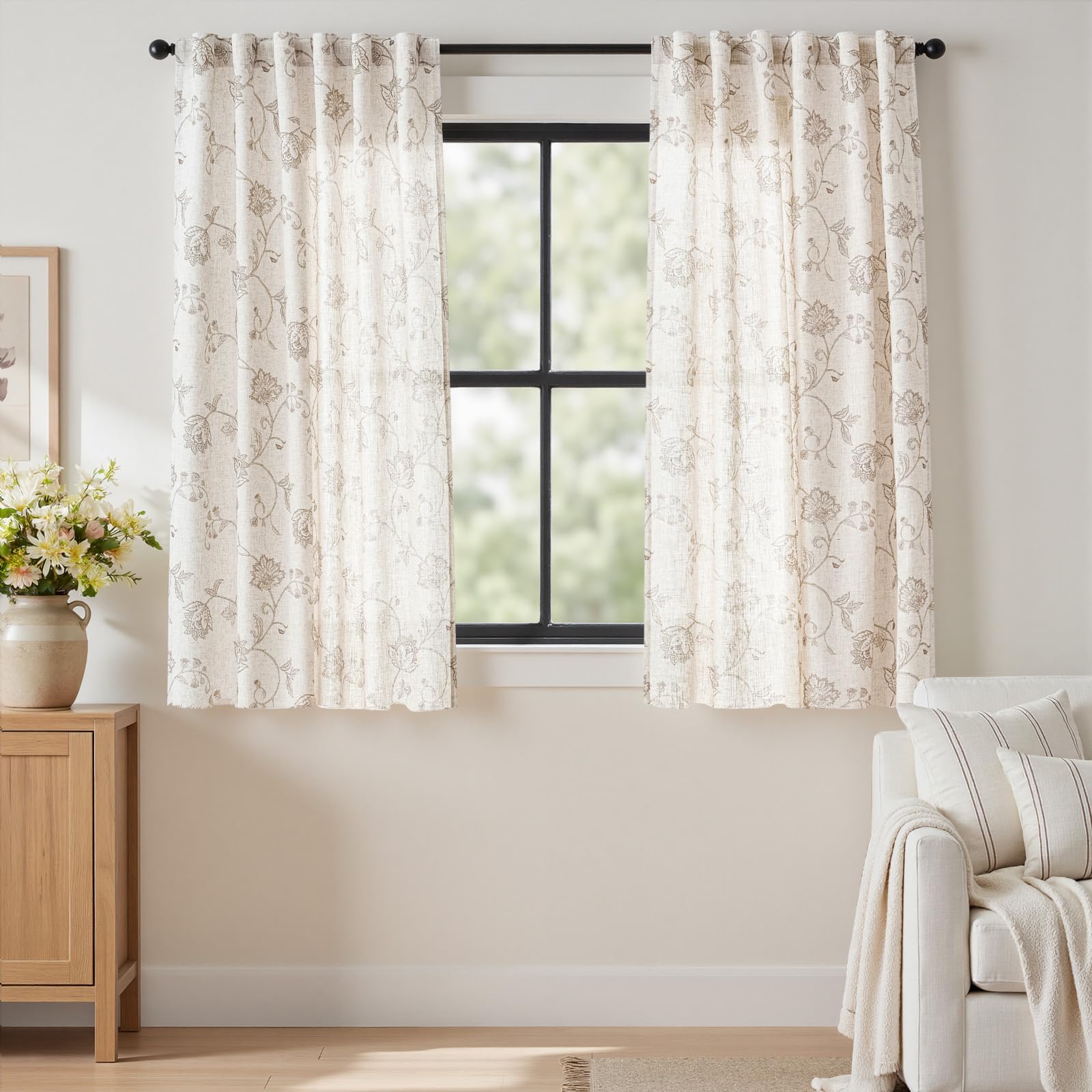 jinchan Linen Floral Curtains for Living Room with Printed Flower 84 Inches Long Light Filtering French Country Back Tab Rod Pocket Taupe Window Curtain Set Farmhouse Drapes 2 Panels Taupe