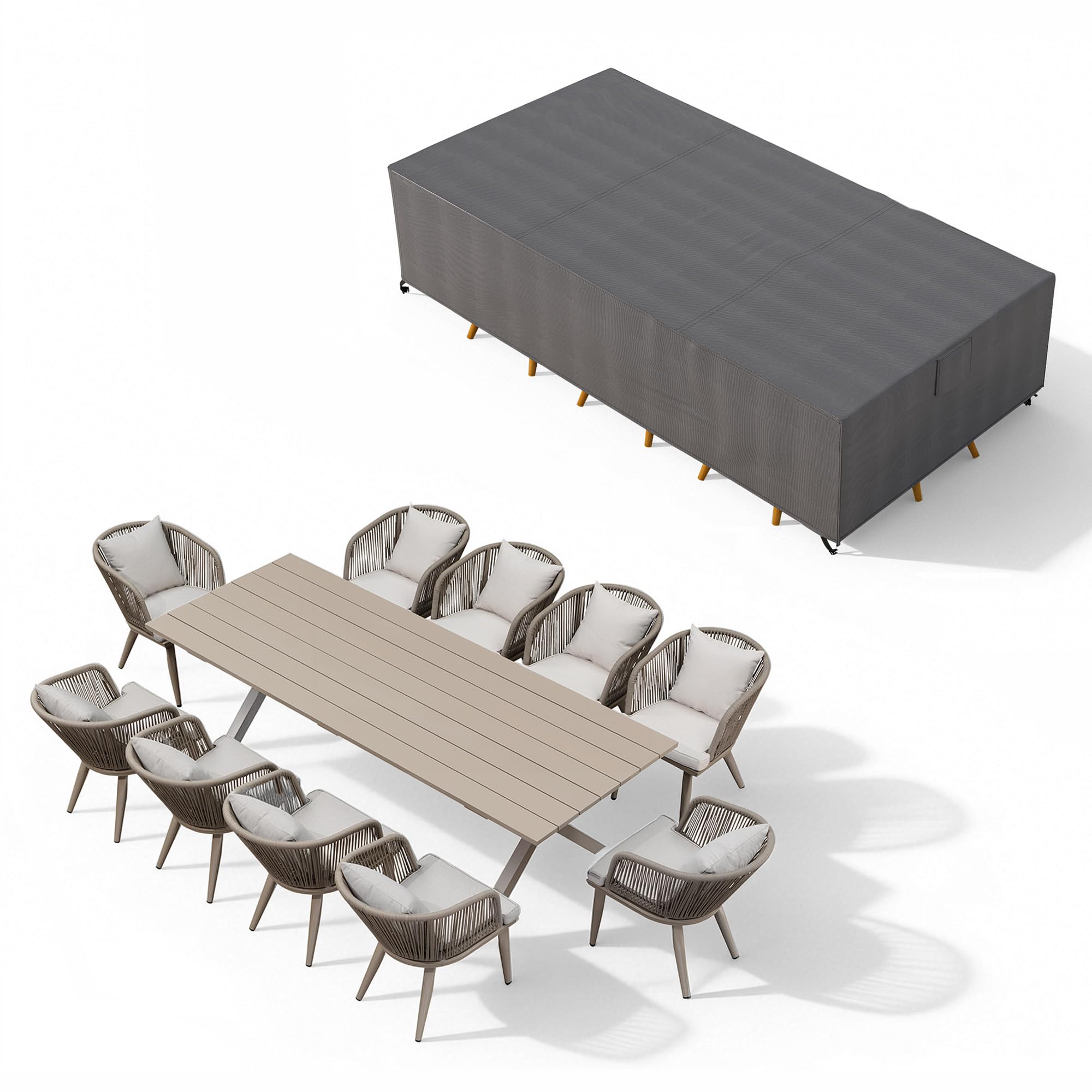 PURPLE LEAF 9 Pieces Patio Dining Set Wicker Outdoor Furniture Rectangular Table and Chairs Set for Garden Deck Teak-Finish Aluminum Frame Backyard Kitchen Set, Cushions and Pillows Included