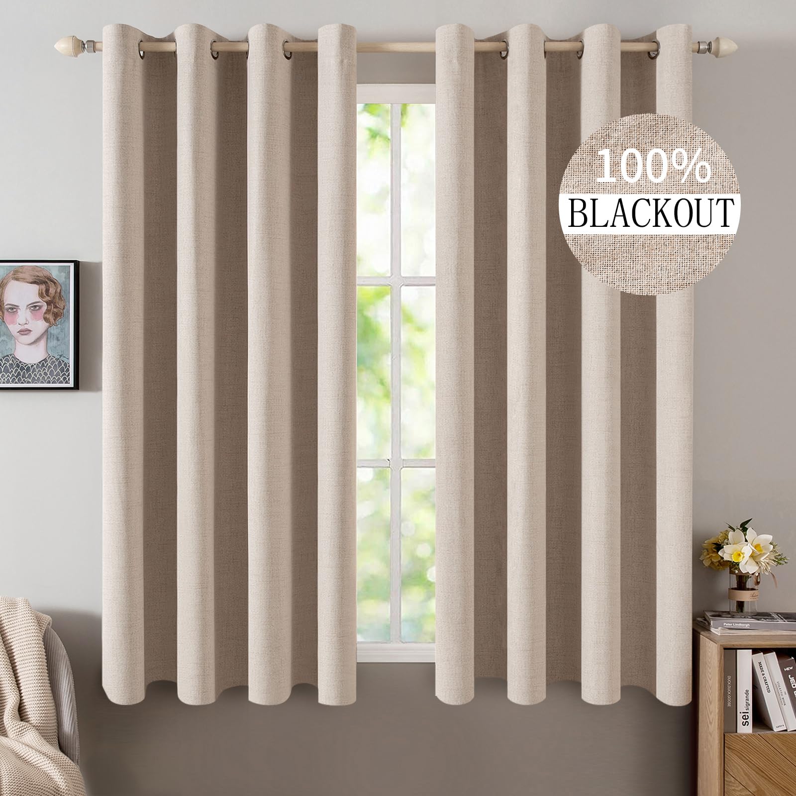MIULEE Linen Texture Curtains for Bedroom Solid 100% Blackout Thermal Insulated Dusty Blue Curtains Grommet Room Darkening Drapes Luxury Decor for Living Room Nursery 52x84 Inch (2 Panels)
