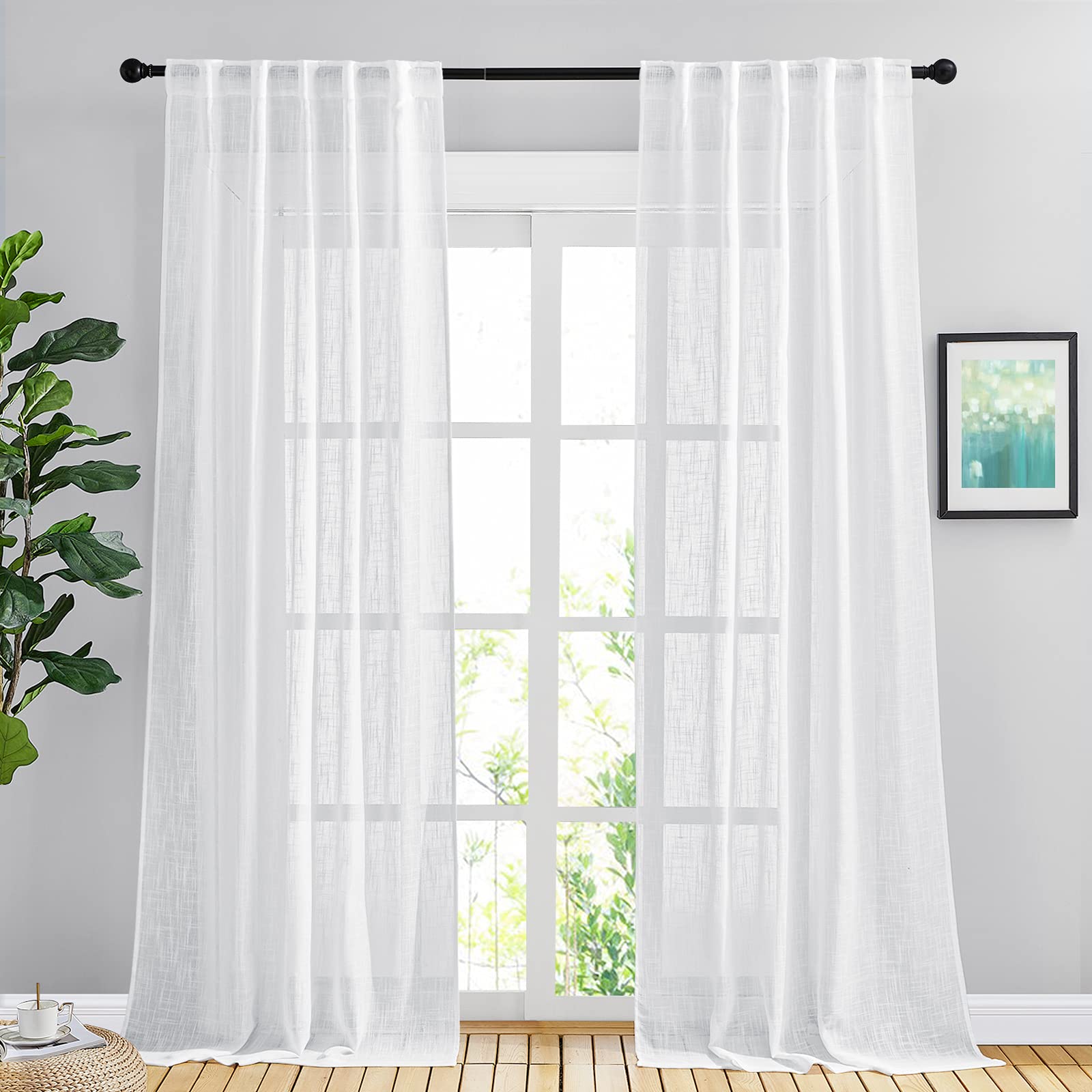 NICETOWN 120 inch Curtains Linen Blend for Bedroom, Rod Pocket & Back Tab Natural Linen Burlap Semi Sheer Window Treatments Privacy with Light Filtering for Living Room, W52 x L120, 2 Panels