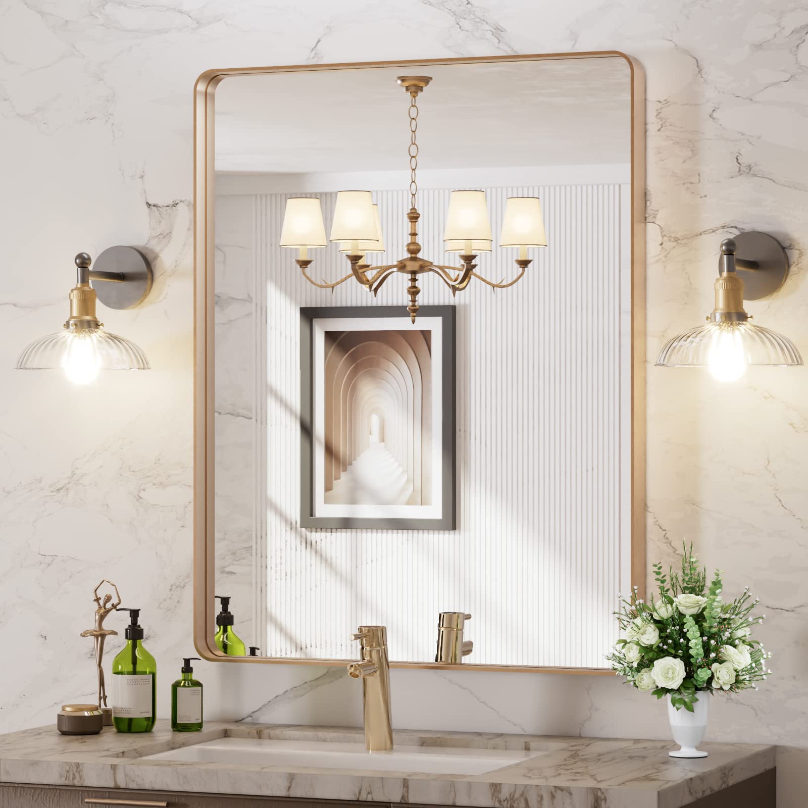 LOAAO Black Metal Framed Bathroom Mirror for Wall, 22X30 Inch Rounded Rectangle Mirror, Matte Black Bathroom Vanity Mirror Farmhouse, Anti-Rust, Hangs Horizontally or Vertically