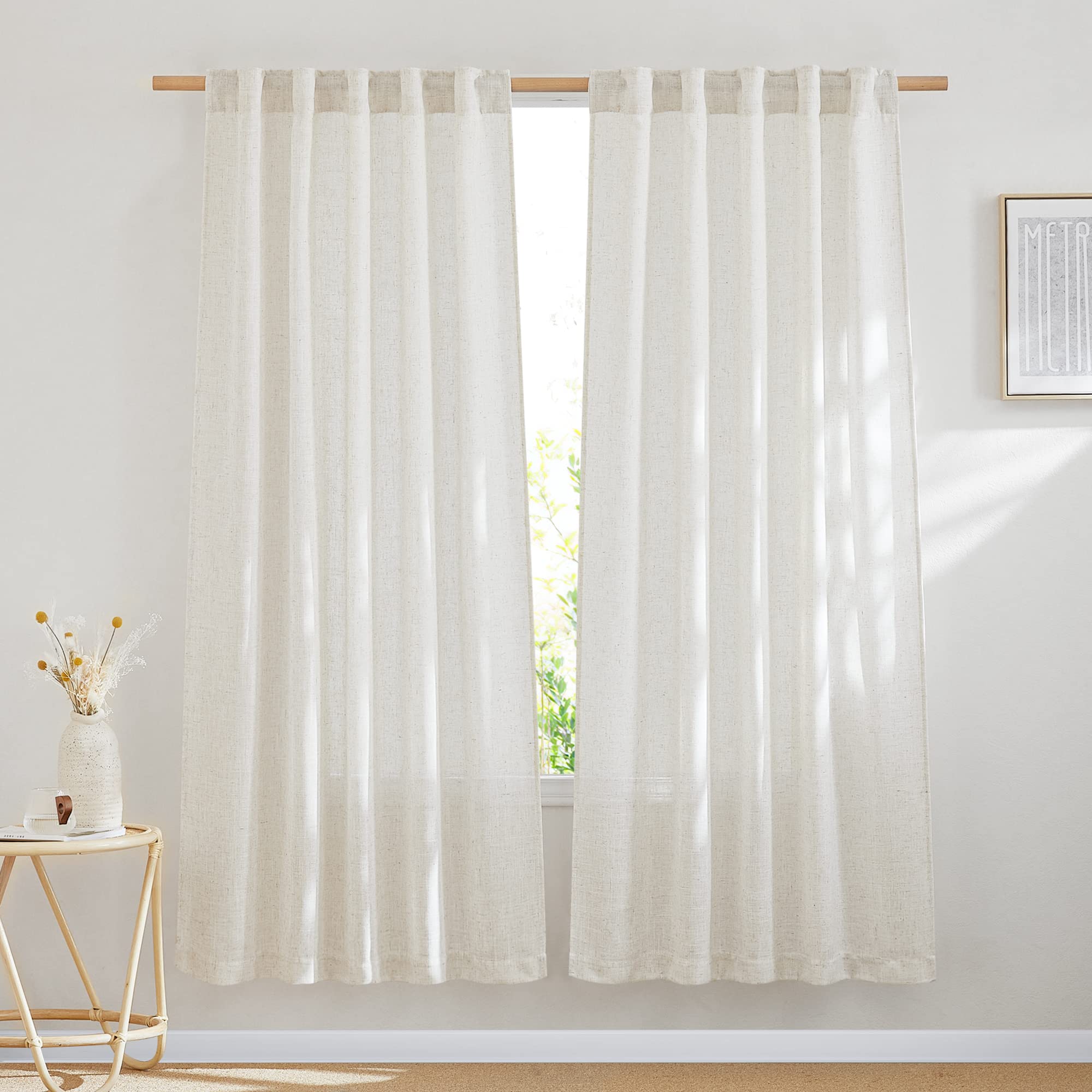 NICETOWN 120 inch Curtains Linen Blend for Bedroom, Rod Pocket & Back Tab Natural Linen Burlap Semi Sheer Window Treatments Privacy with Light Filtering for Living Room, W52 x L120, 2 Panels
