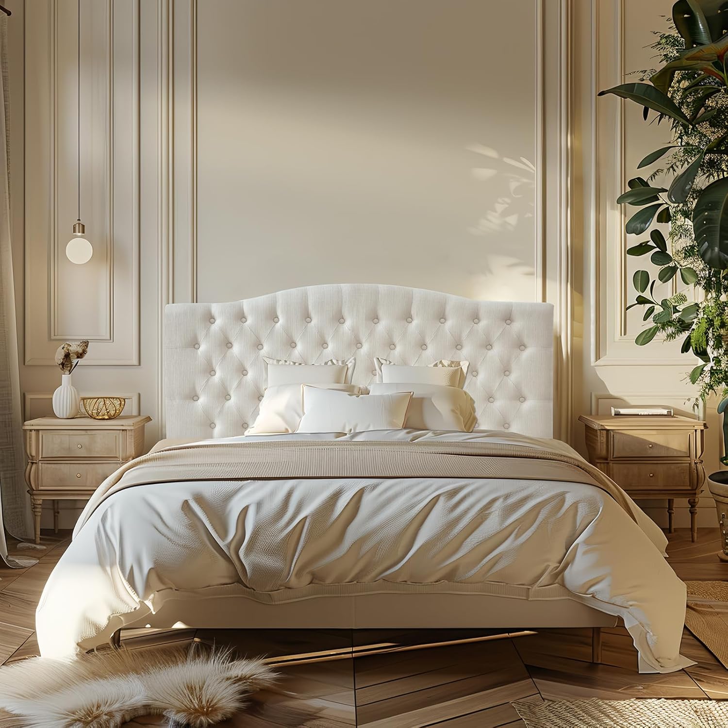 Furpopup Linen Upholstered Headboard Queen/Full Size Bed Tufted Button Headboard, Featuring High-Density Sponge Padding, Luxury Texture Easy Assembly Comfort and Style-Ivory