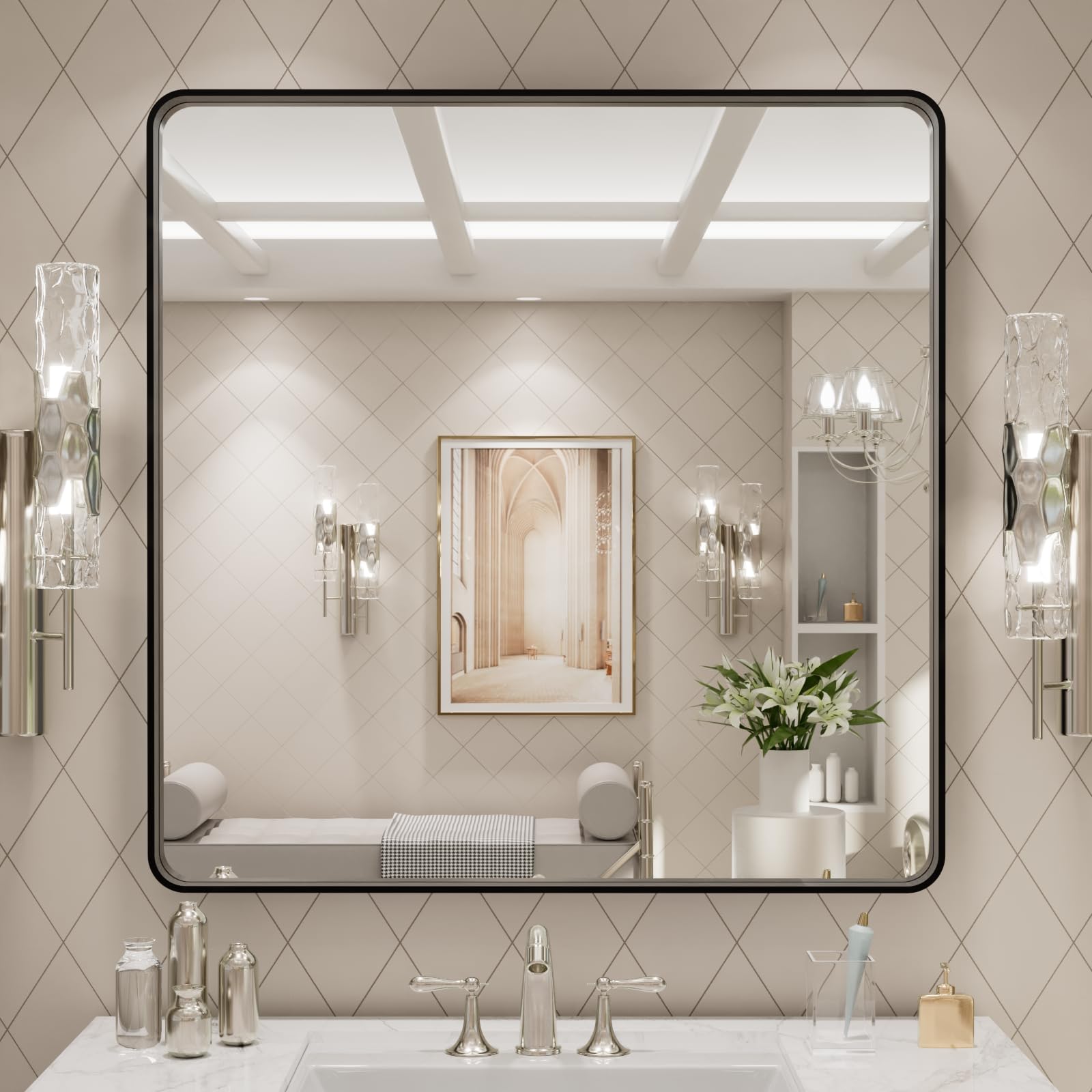LOAAO Black Metal Framed Bathroom Mirror for Wall, 22X30 Inch Rounded Rectangle Mirror, Matte Black Bathroom Vanity Mirror Farmhouse, Anti-Rust, Hangs Horizontally or Vertically