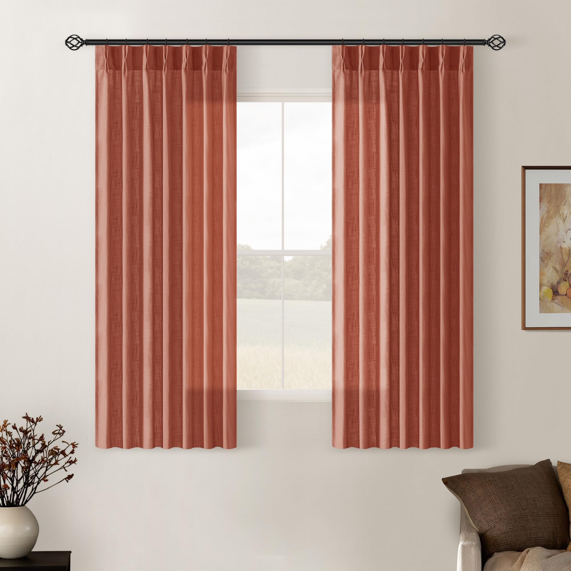 Pinch Pleated Linen Curtains 108 Inches Long for Living Room 2 Panels Set Cream Ivory Flax Double Pleated Drapes Back Tab Neutral Boho Ceiling Floor 108 Inch Window Curtains Bedroom Natural Birch