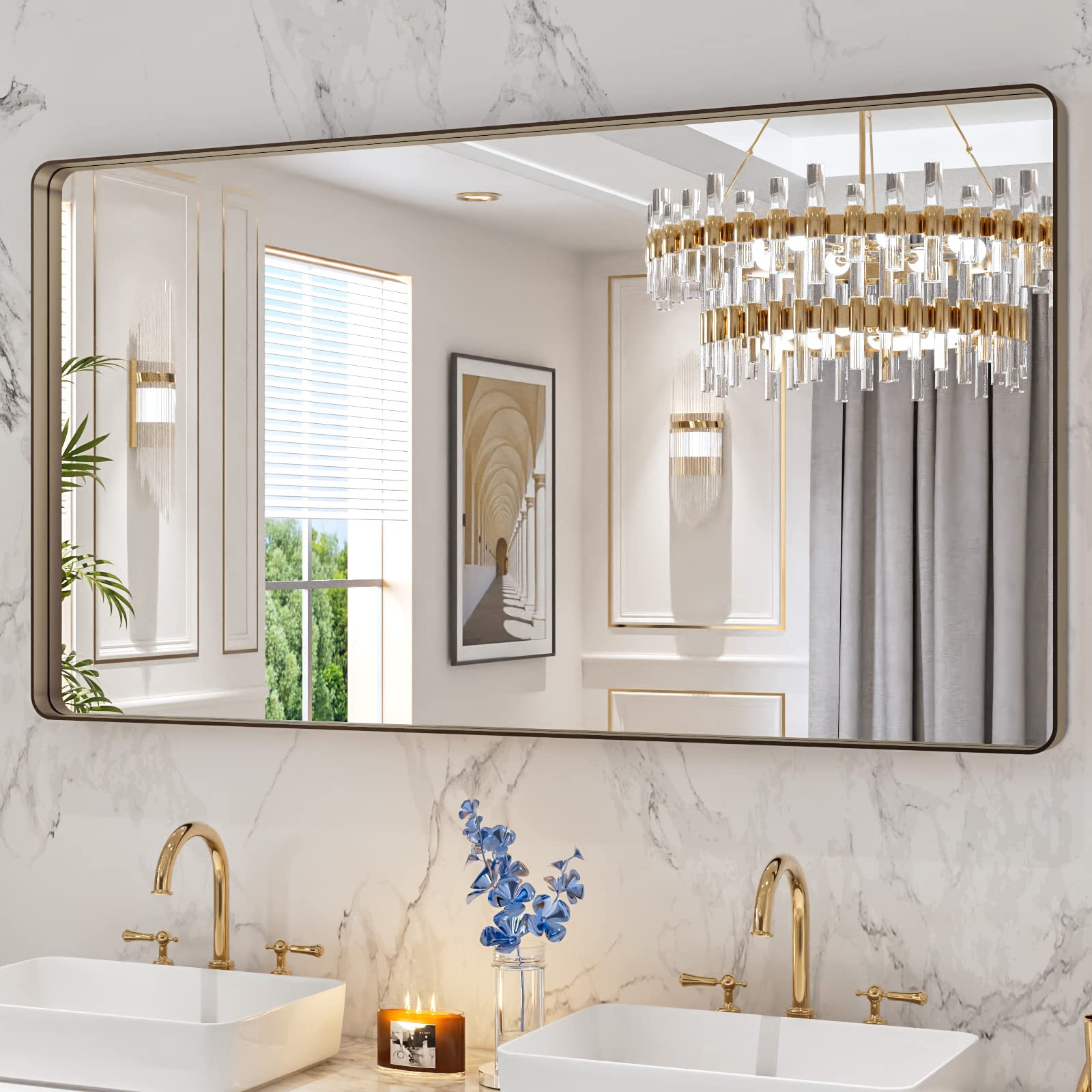 LOAAO Black Metal Framed Bathroom Mirror for Wall, 22X30 Inch Rounded Rectangle Mirror, Matte Black Bathroom Vanity Mirror Farmhouse, Anti-Rust, Hangs Horizontally or Vertically