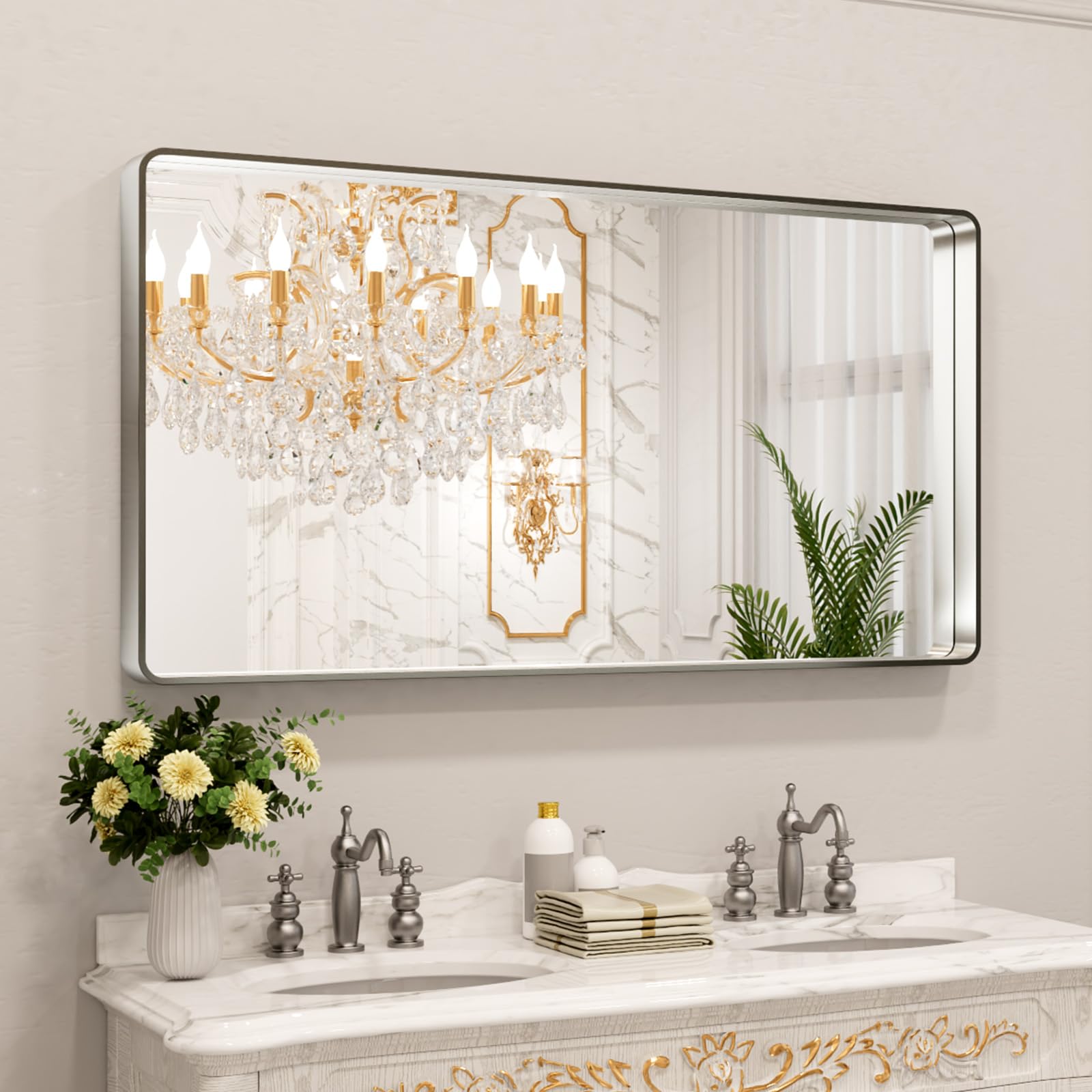 LOAAO Black Metal Framed Bathroom Mirror for Wall, 22X30 Inch Rounded Rectangle Mirror, Matte Black Bathroom Vanity Mirror Farmhouse, Anti-Rust, Hangs Horizontally or Vertically