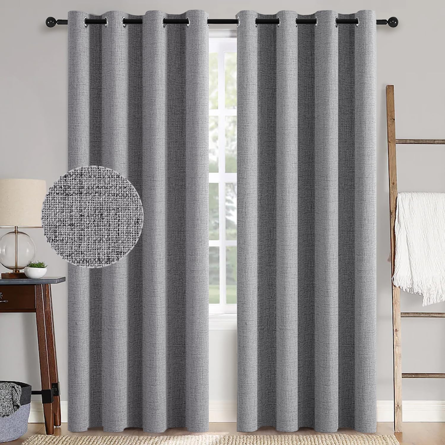 MIULEE Linen Texture Curtains for Bedroom Solid 100% Blackout Thermal Insulated Dusty Blue Curtains Grommet Room Darkening Drapes Luxury Decor for Living Room Nursery 52x84 Inch (2 Panels)