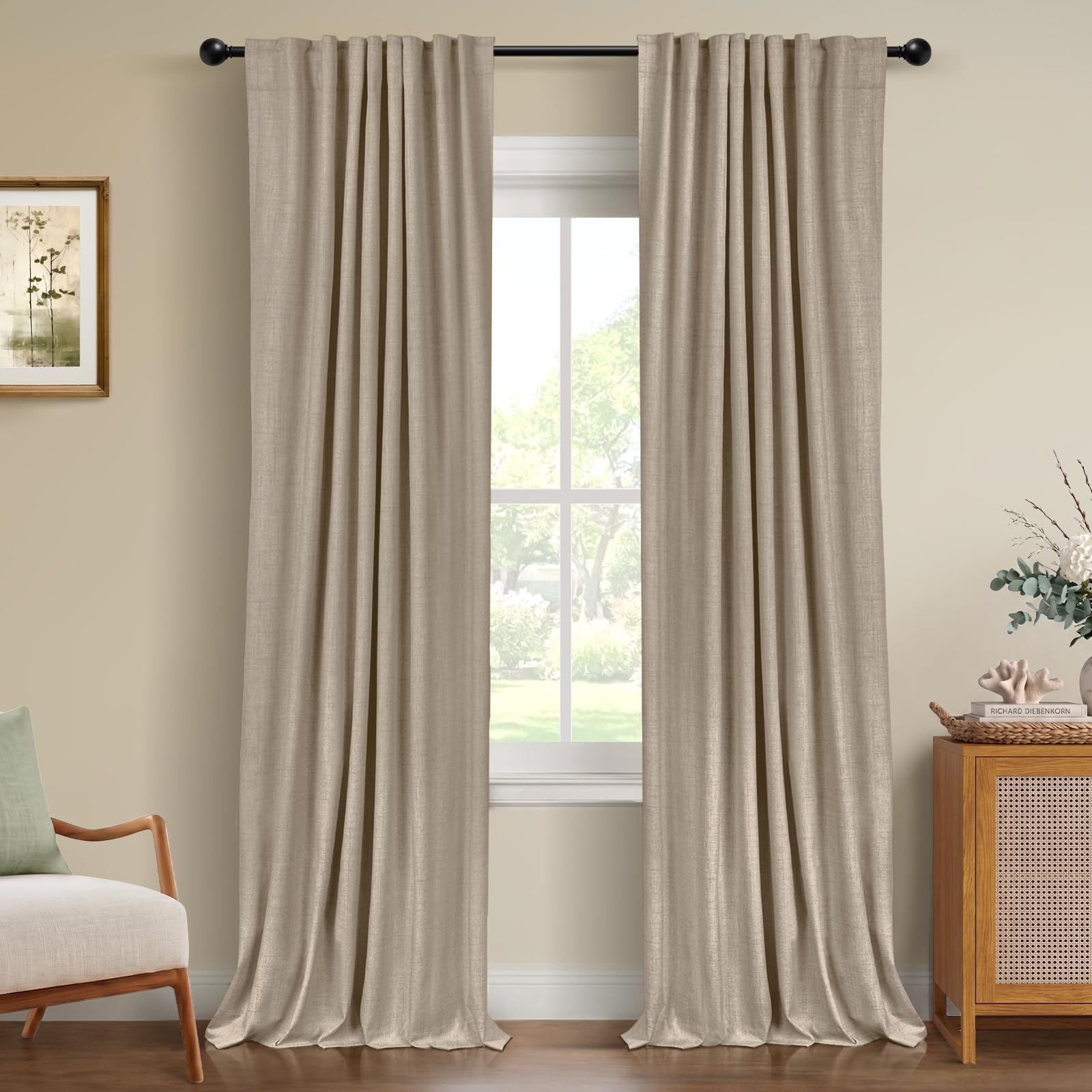 100% Blackout Shield Linen Blackout Curtains for Bedroom 90 Inches Long, Back Tab/Rod Pocket Living Room Drapes, Thermal Insulated Blackout Curtains 2 Panels Set, 50" W x 90" L,Cream