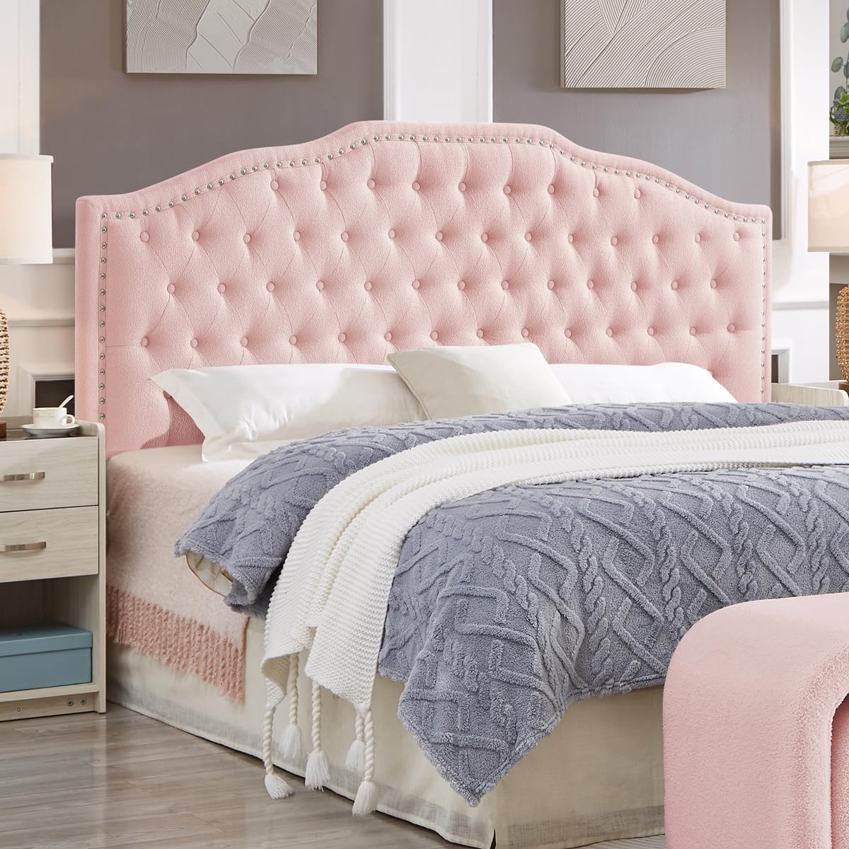24KF Upholstered Button Tufted Queen Headboard with Nailhead Trim, Elegant Boucle Fabric Full headboard, 6031-Q-Boucle-Ivory